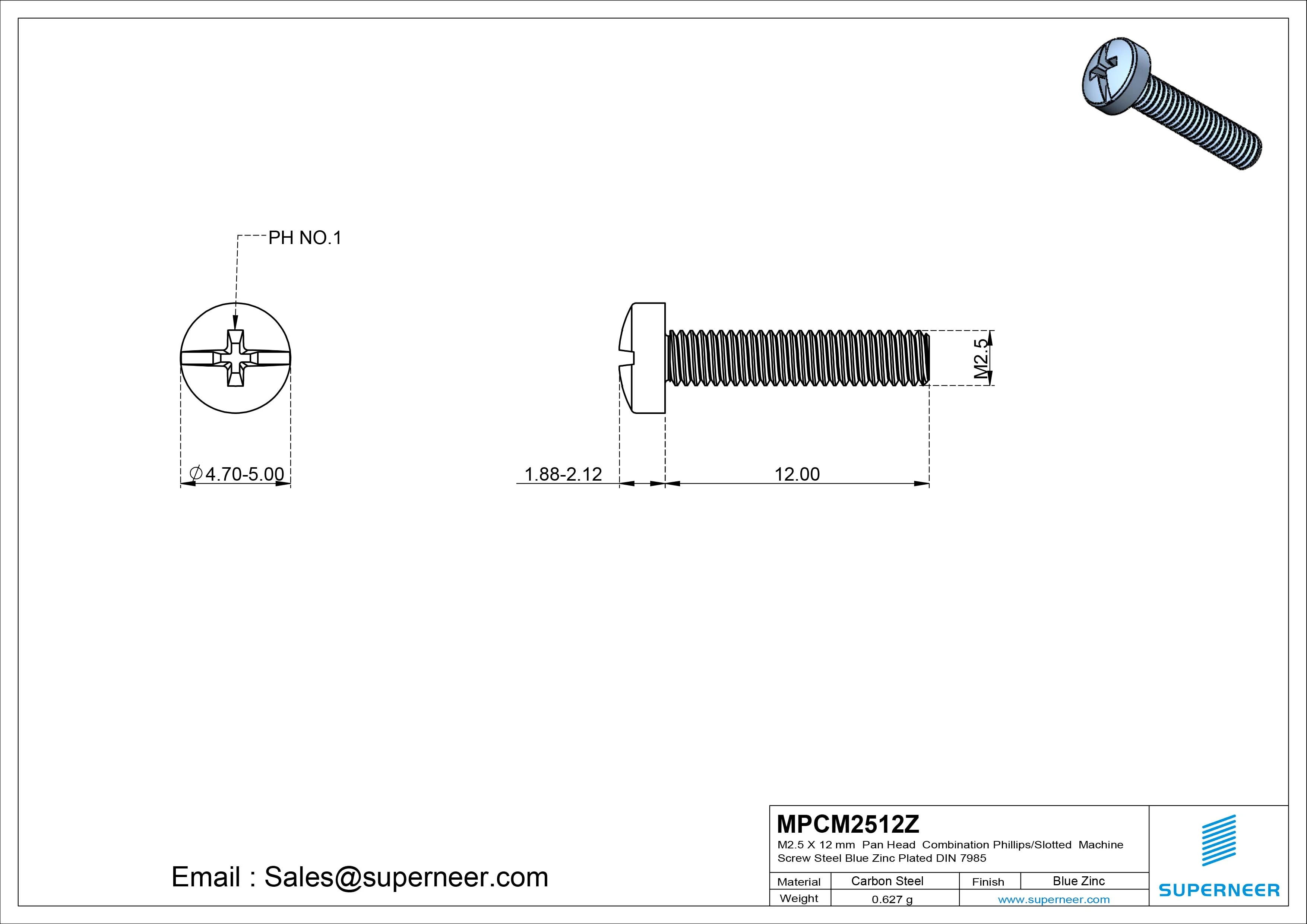 M2.5 x 12 mm Pan Head Combination Phillips/Slotted Machine Screw Steel Blue Zinc Plated DIN 7985