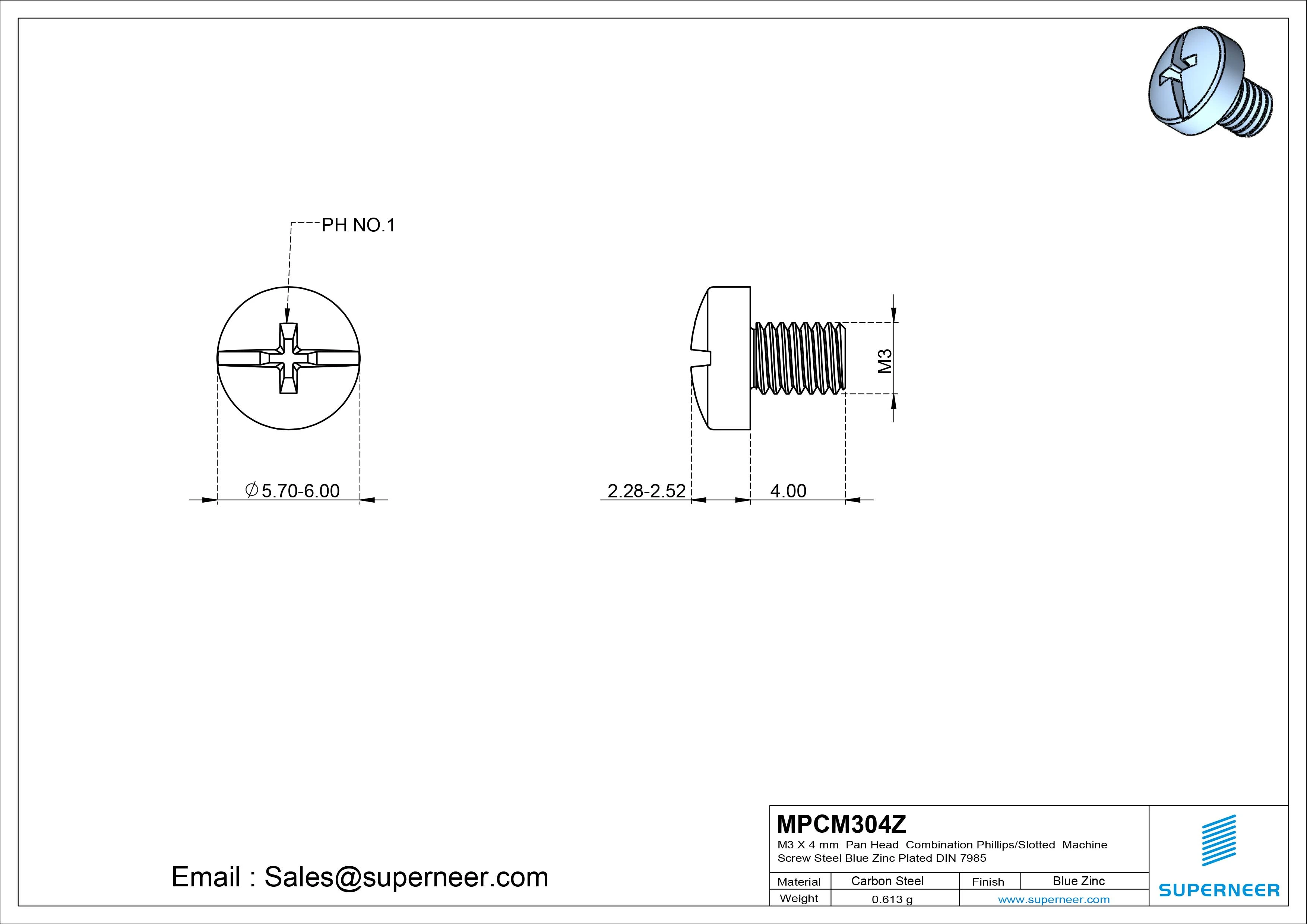 M3 x 4 mm Pan Head Combination Phillips/Slotted Machine Screw Steel Blue Zinc Plated DIN 7985