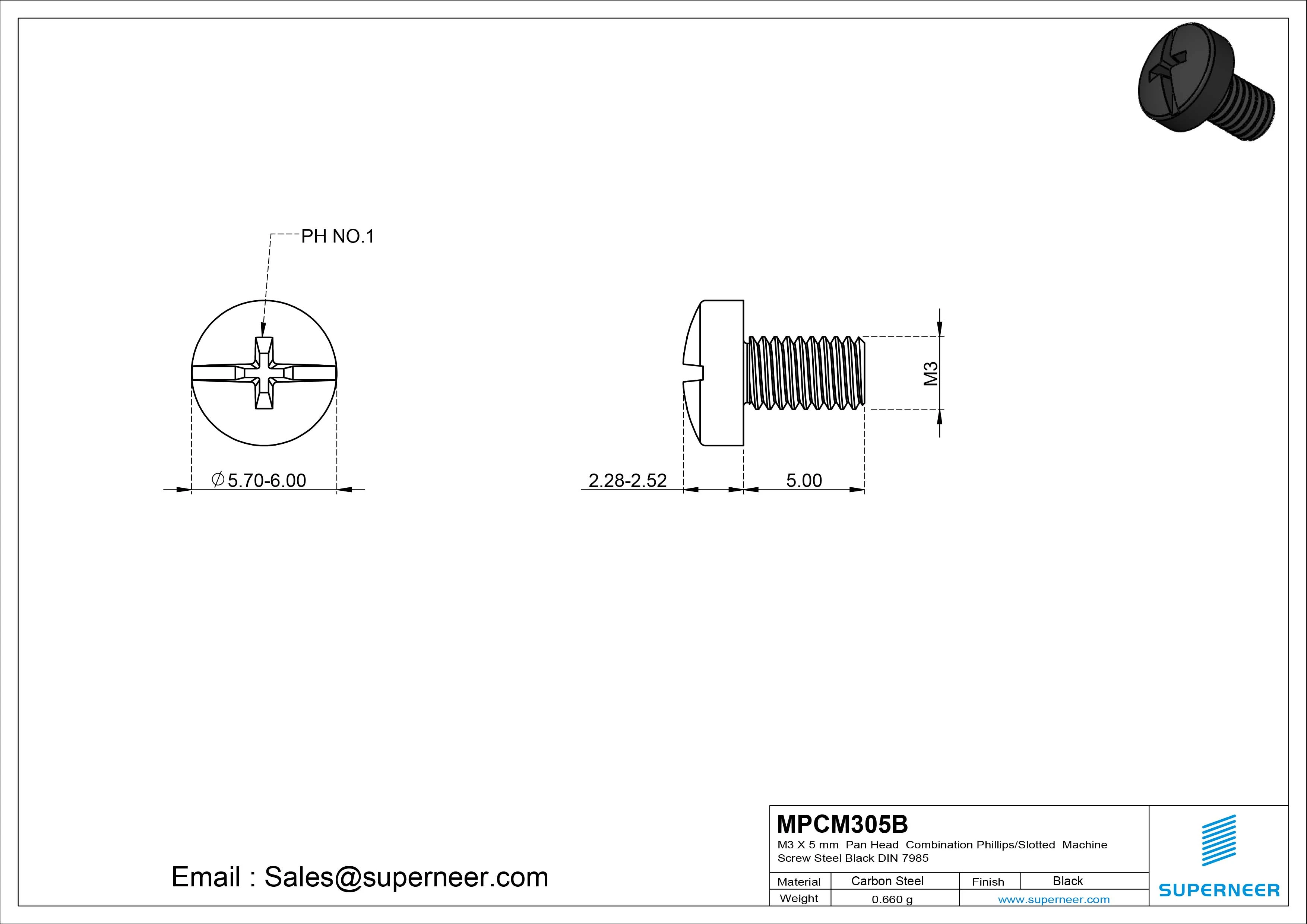 M3 x 5 mm Pan Head Combination Phillips/Slotted Machine Screw Steel Black DIN 7985