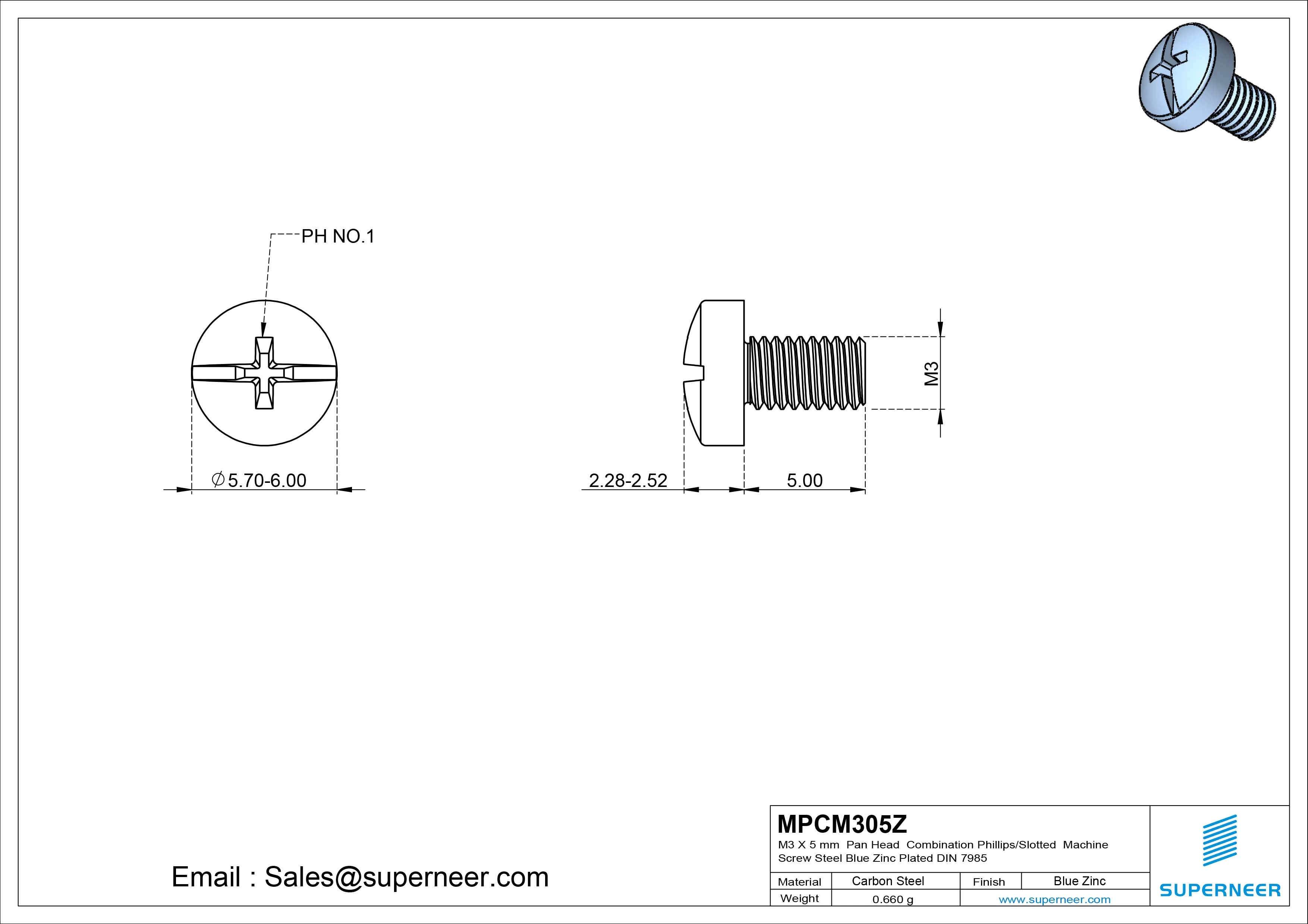 M3 x 5 mm Pan Head Combination Phillips/Slotted Machine Screw Steel Blue Zinc Plated DIN 7985