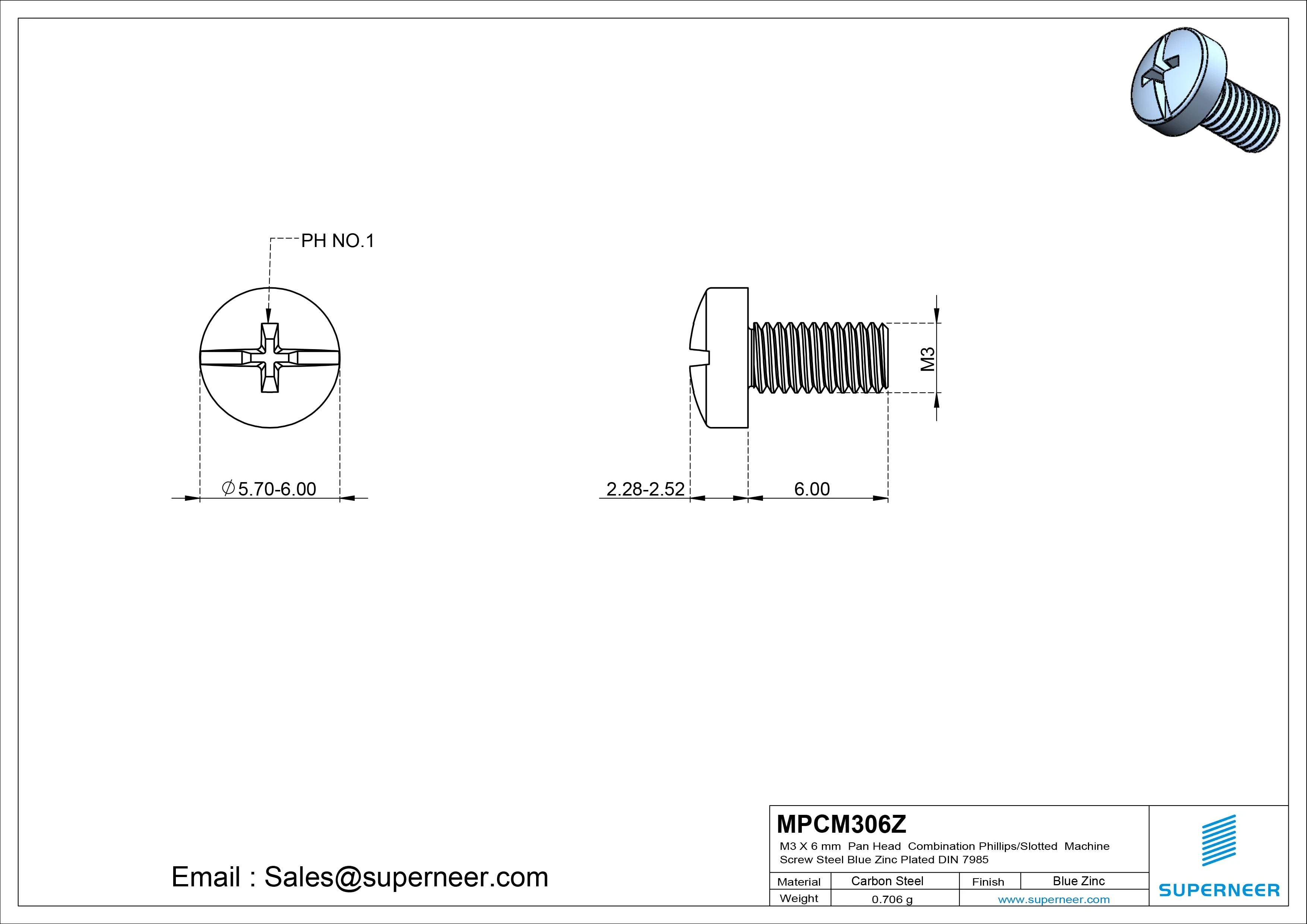 M3 x 6 mm Pan Head Combination Phillips/Slotted Machine Screw Steel Blue Zinc Plated DIN 7985