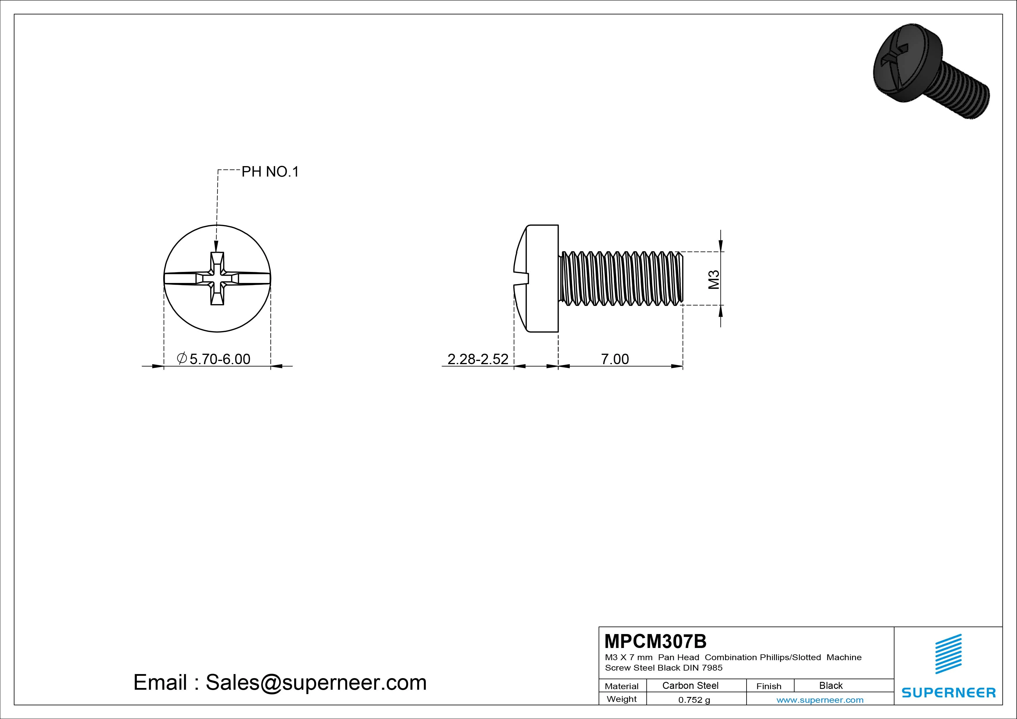 M3 x 7 mm Pan Head Combination Phillips/Slotted Machine Screw Steel Black DIN 7985