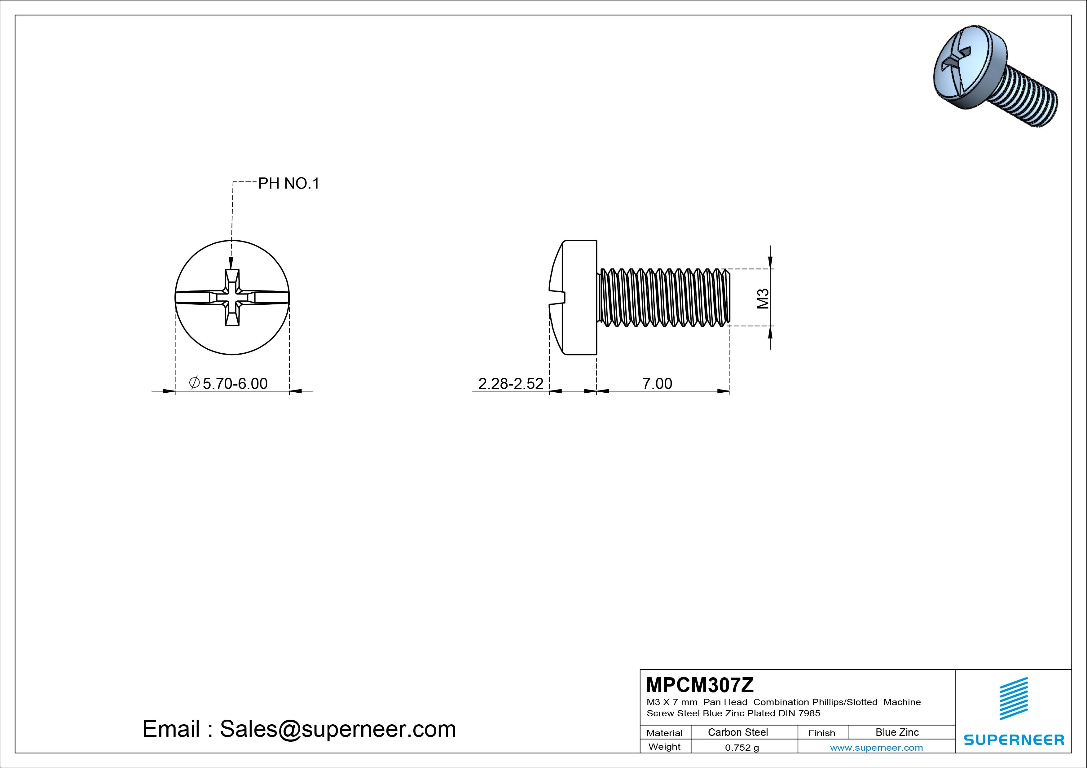 M3 x 7 mm Pan Head Combination Phillips/Slotted Machine Screw Steel Blue Zinc Plated DIN 7985