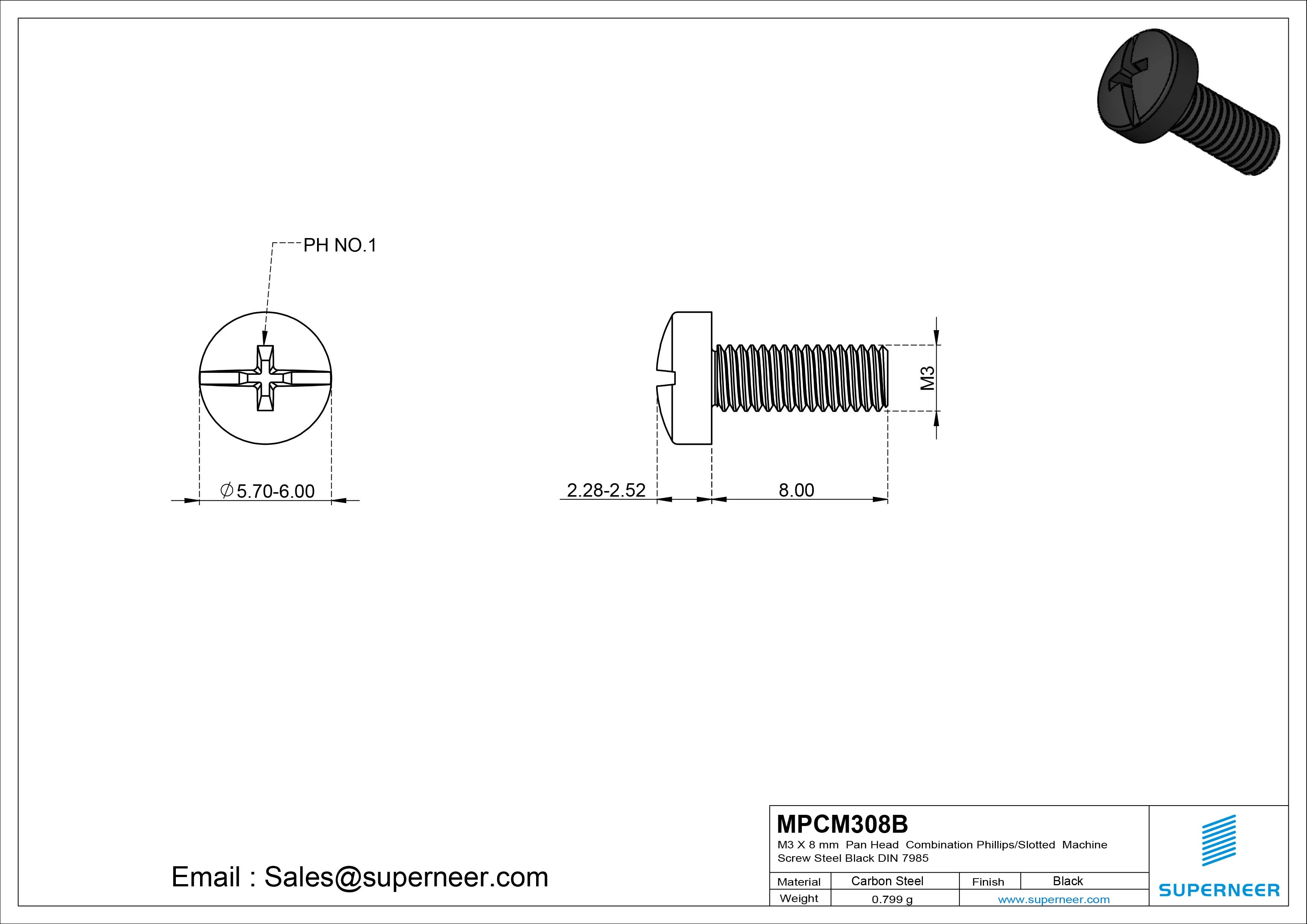 M3 x 8 mm Pan Head Combination Phillips/Slotted Machine Screw Steel Black DIN 7985