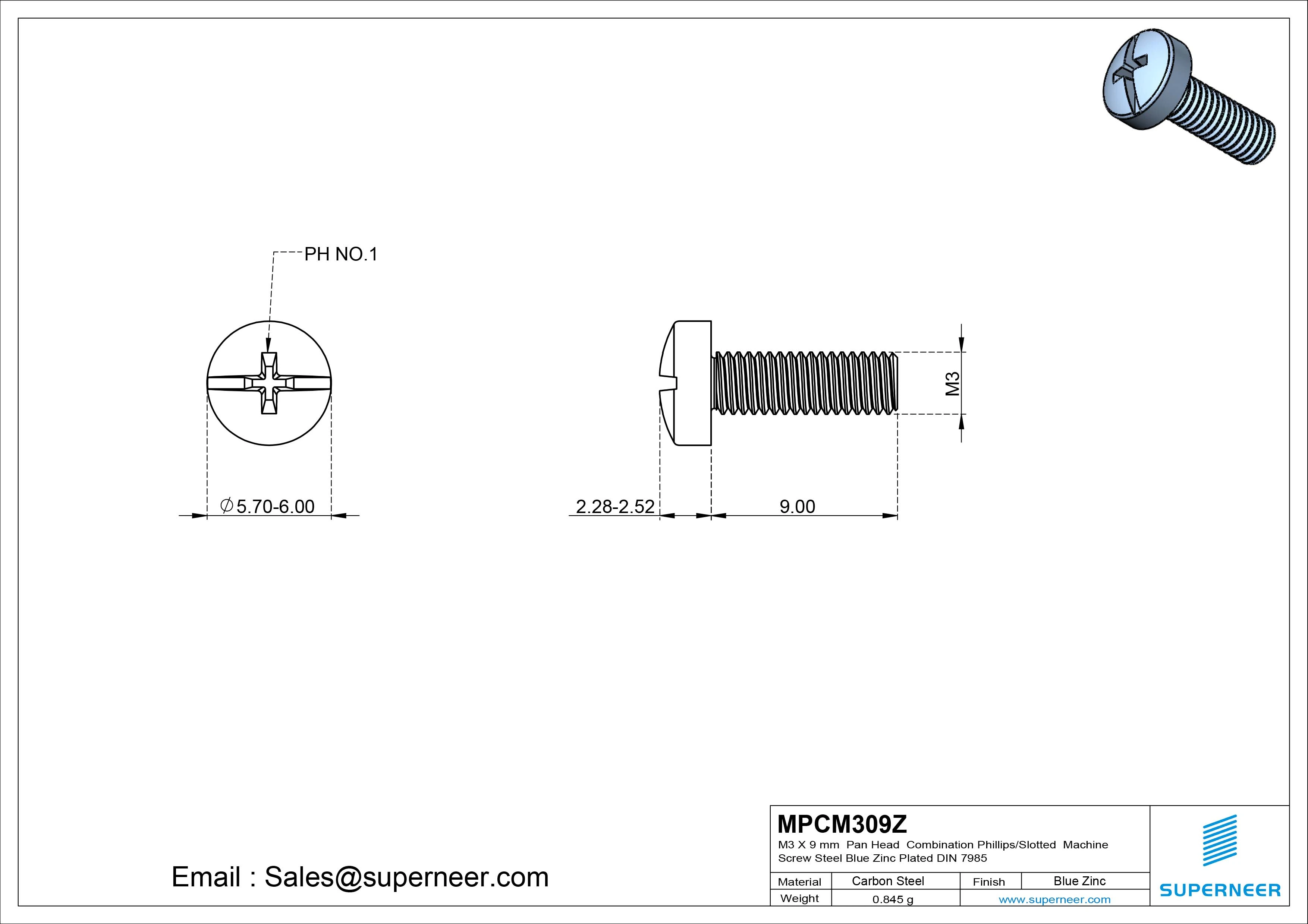 M3 x 9 mm Pan Head Combination Phillips/Slotted Machine Screw Steel Blue Zinc Plated DIN 7985