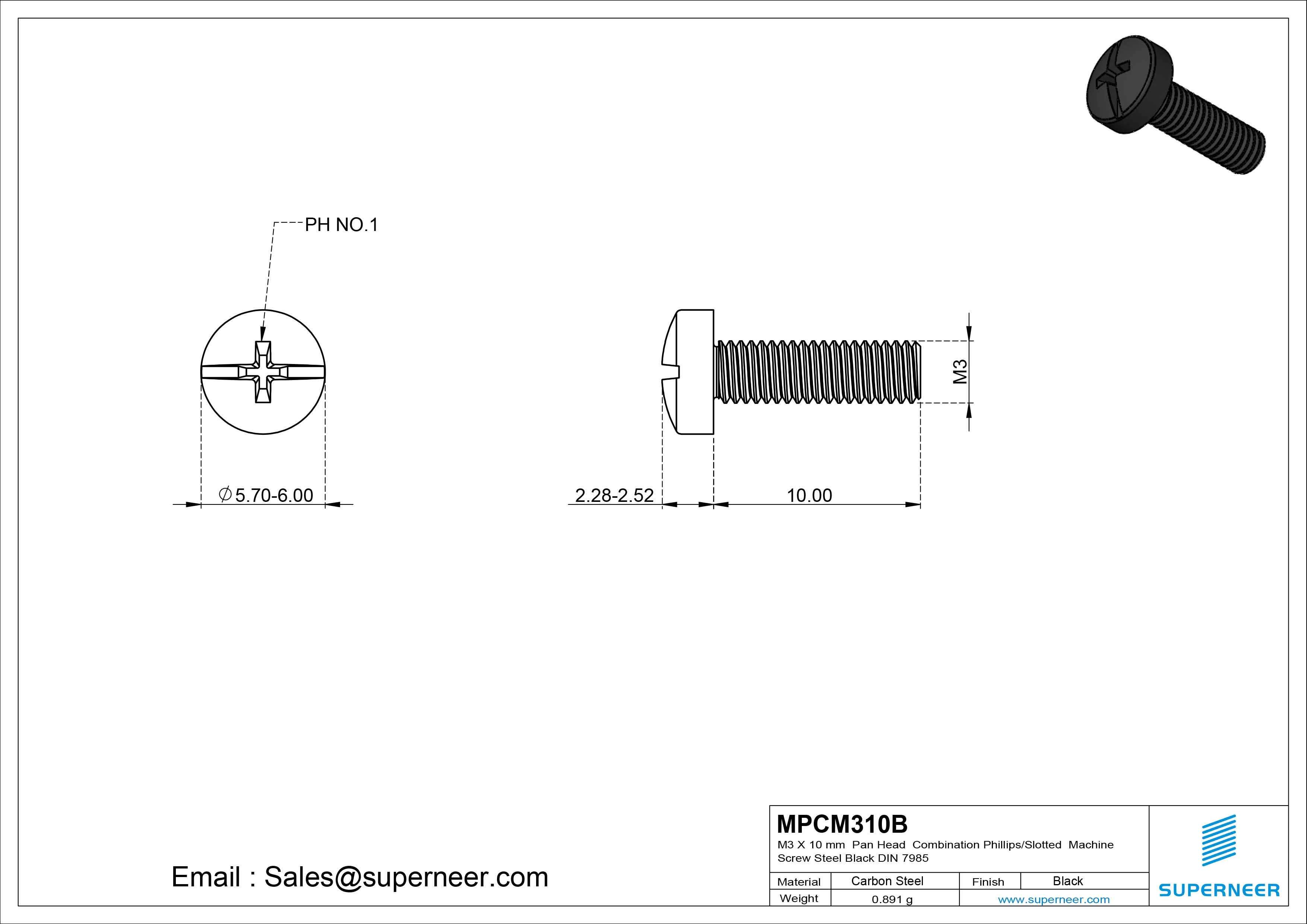 M3 x 10 mm Pan Head Combination Phillips/Slotted Machine Screw Steel Black DIN 7985