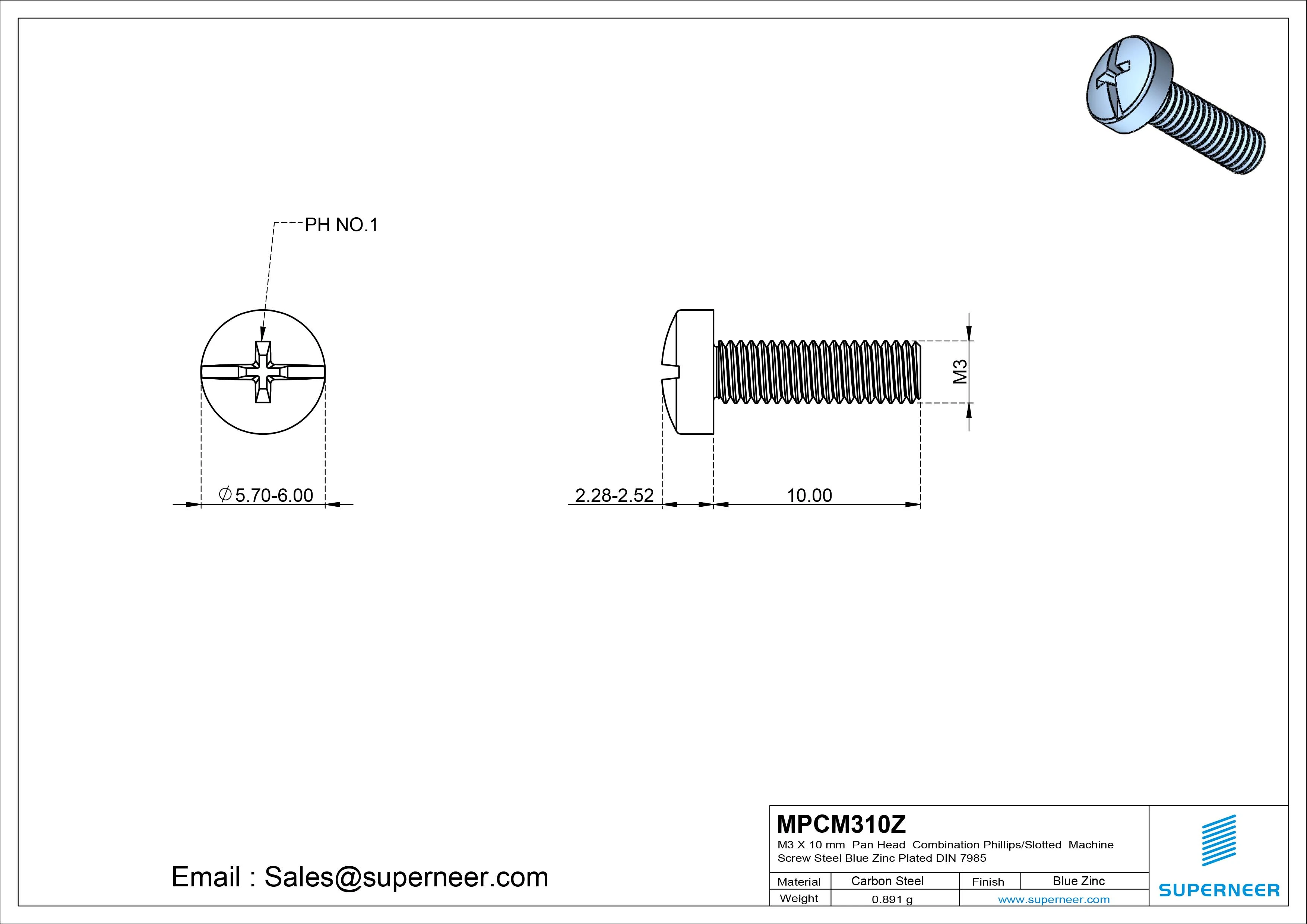 M3 x 10 mm Pan Head Combination Phillips/Slotted Machine Screw Steel Blue Zinc Plated DIN 7985