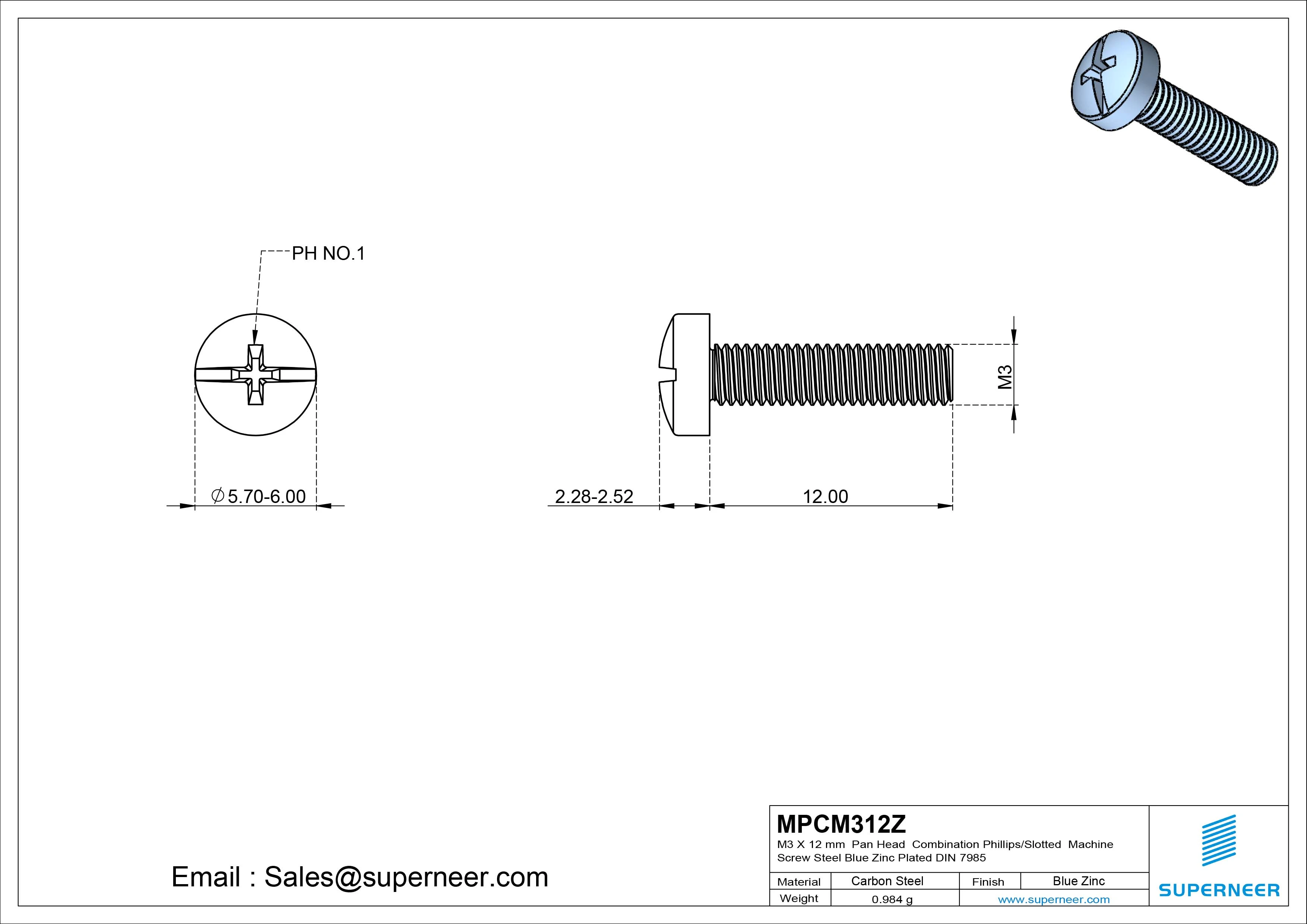 M3 x 12 mm Pan Head Combination Phillips/Slotted Machine Screw Steel Blue Zinc Plated DIN 7985