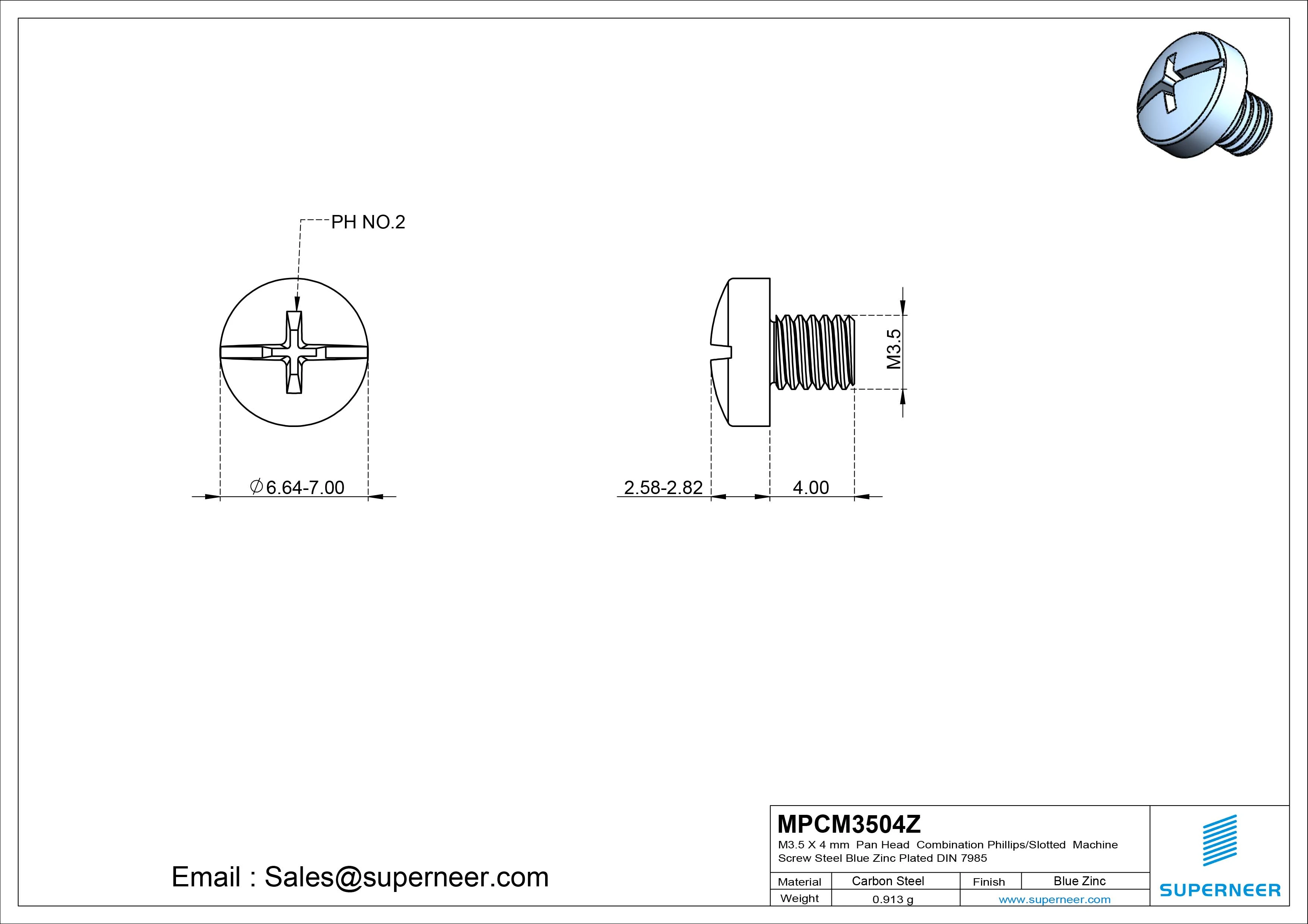 M3.5 x 4 mm Pan Head Combination Phillips/Slotted Machine Screw Steel Blue Zinc Plated DIN 7985