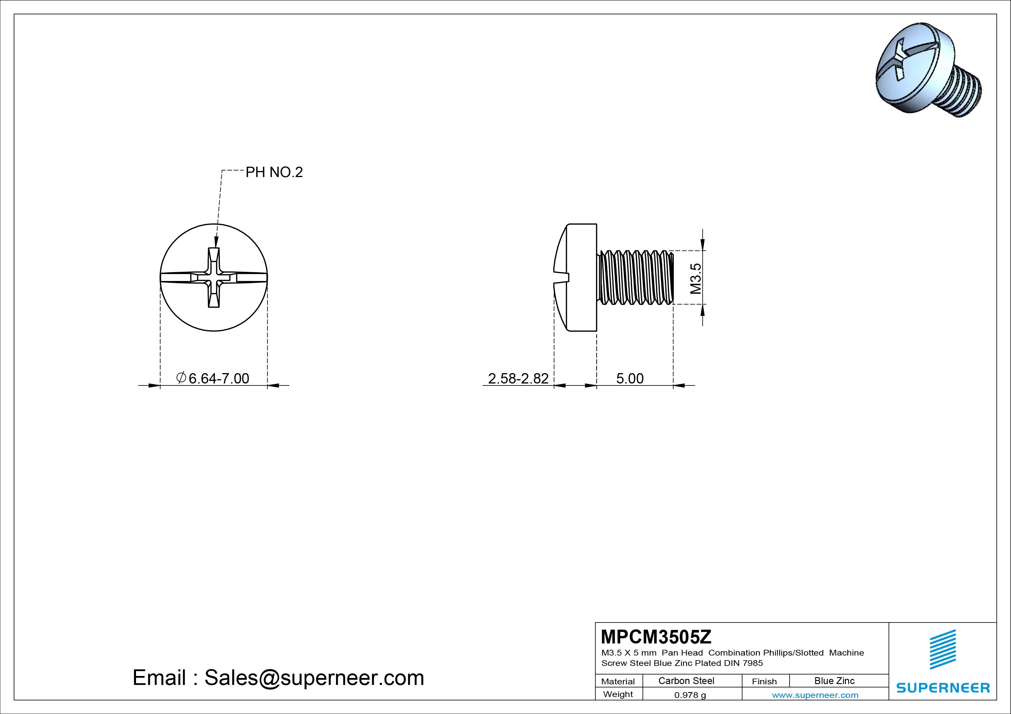 M3.5 x 5 mm Pan Head Combination Phillips/Slotted Machine Screw Steel Blue Zinc Plated DIN 7985