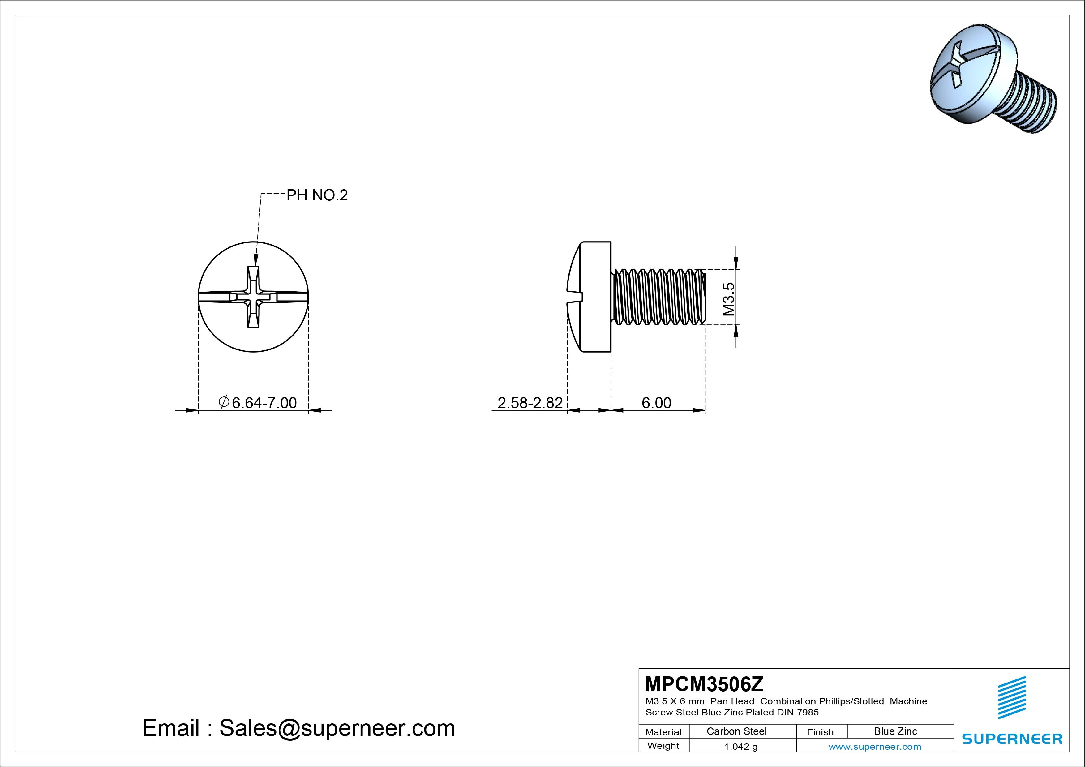 M3.5 x 6 mm Pan Head Combination Phillips/Slotted Machine Screw Steel Blue Zinc Plated DIN 7985