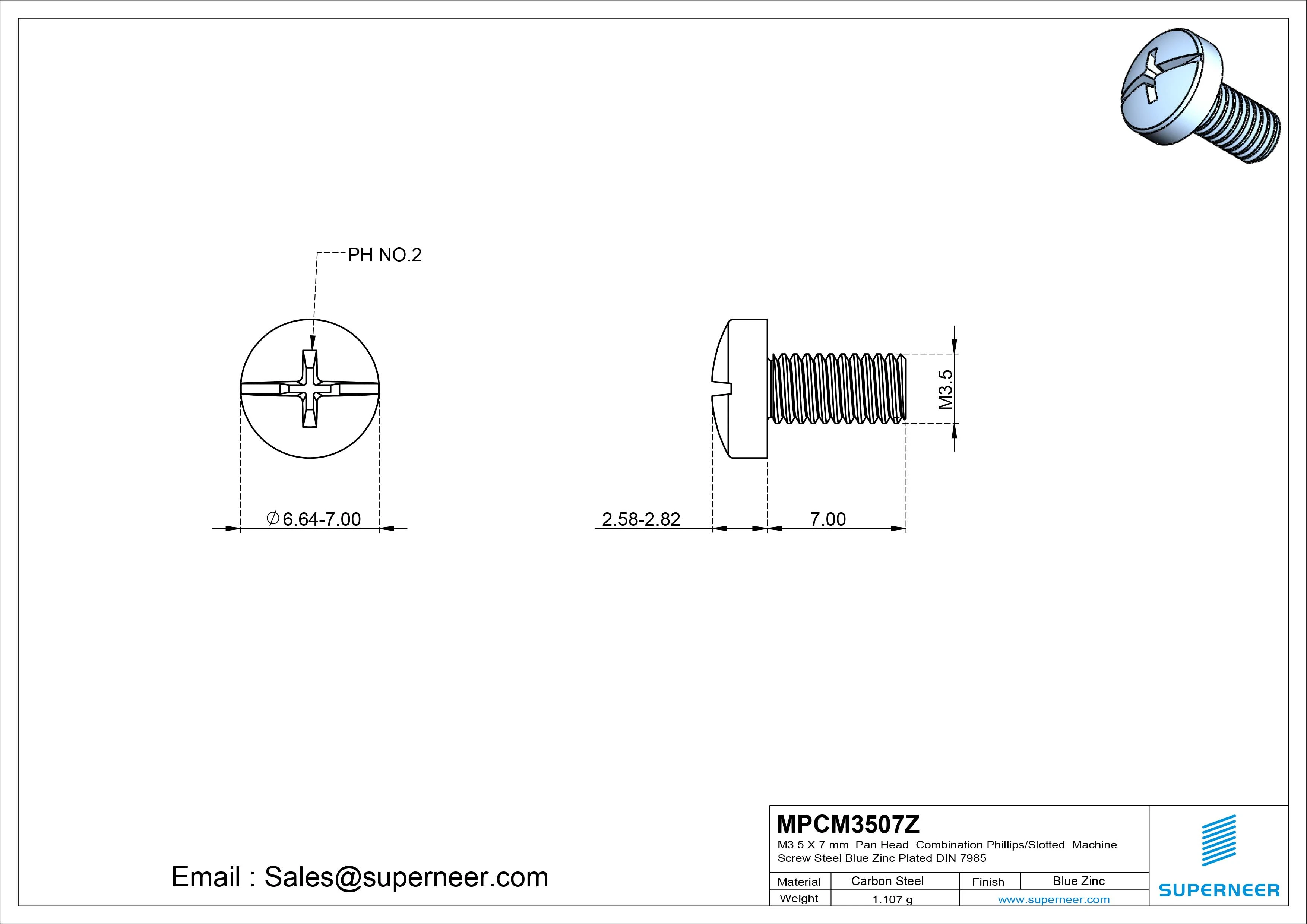 M3.5 x 7 mm Pan Head Combination Phillips/Slotted Machine Screw Steel Blue Zinc Plated DIN 7985