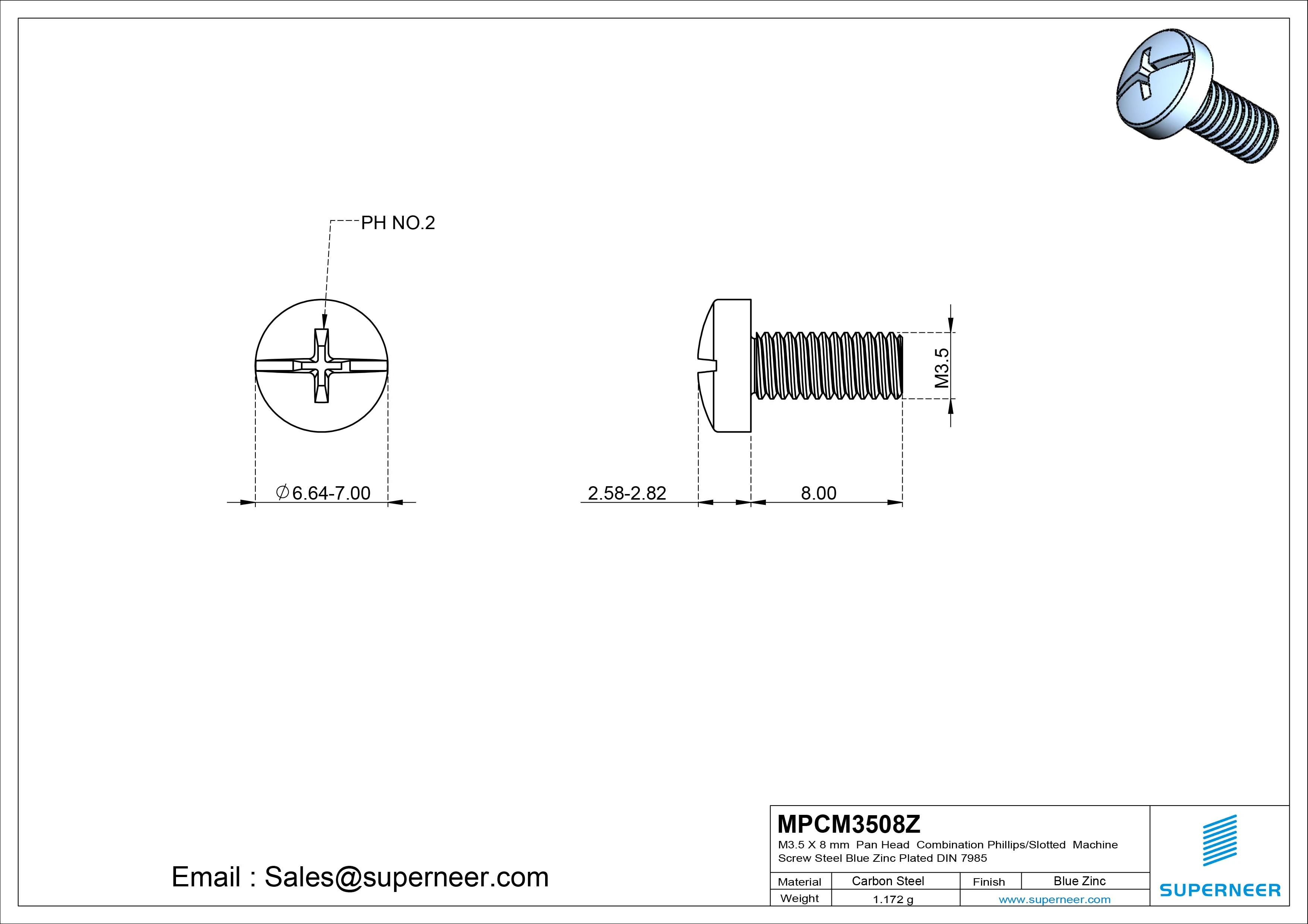 M3.5 x 8 mm Pan Head  Combination Phillips/Slotted Machine Screw Steel Blue Zinc Plated DIN 7985