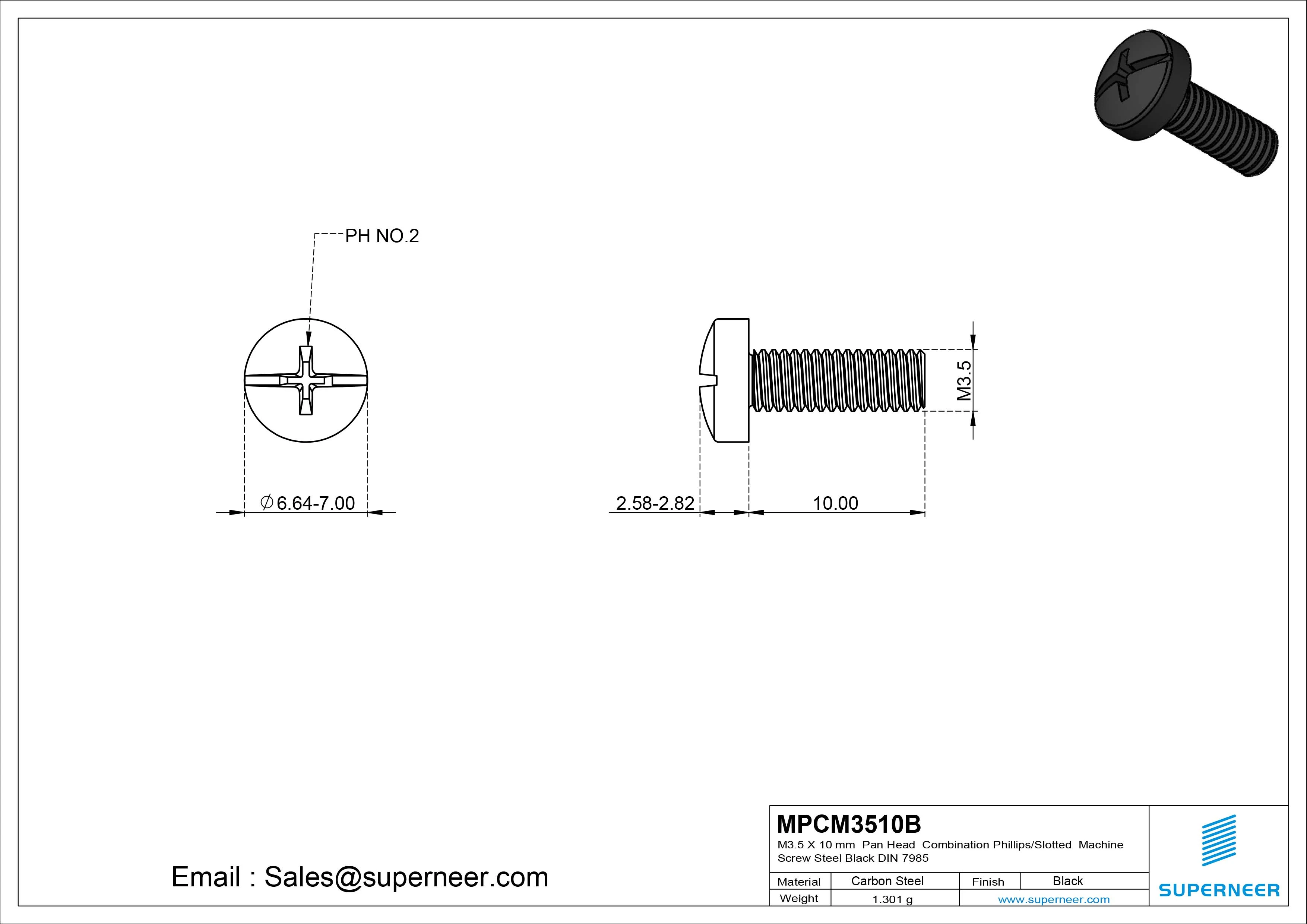 M3.5 x 10 mm Pan Head  Combination Phillips/Slotted Machine Screw Steel Black DIN 7985