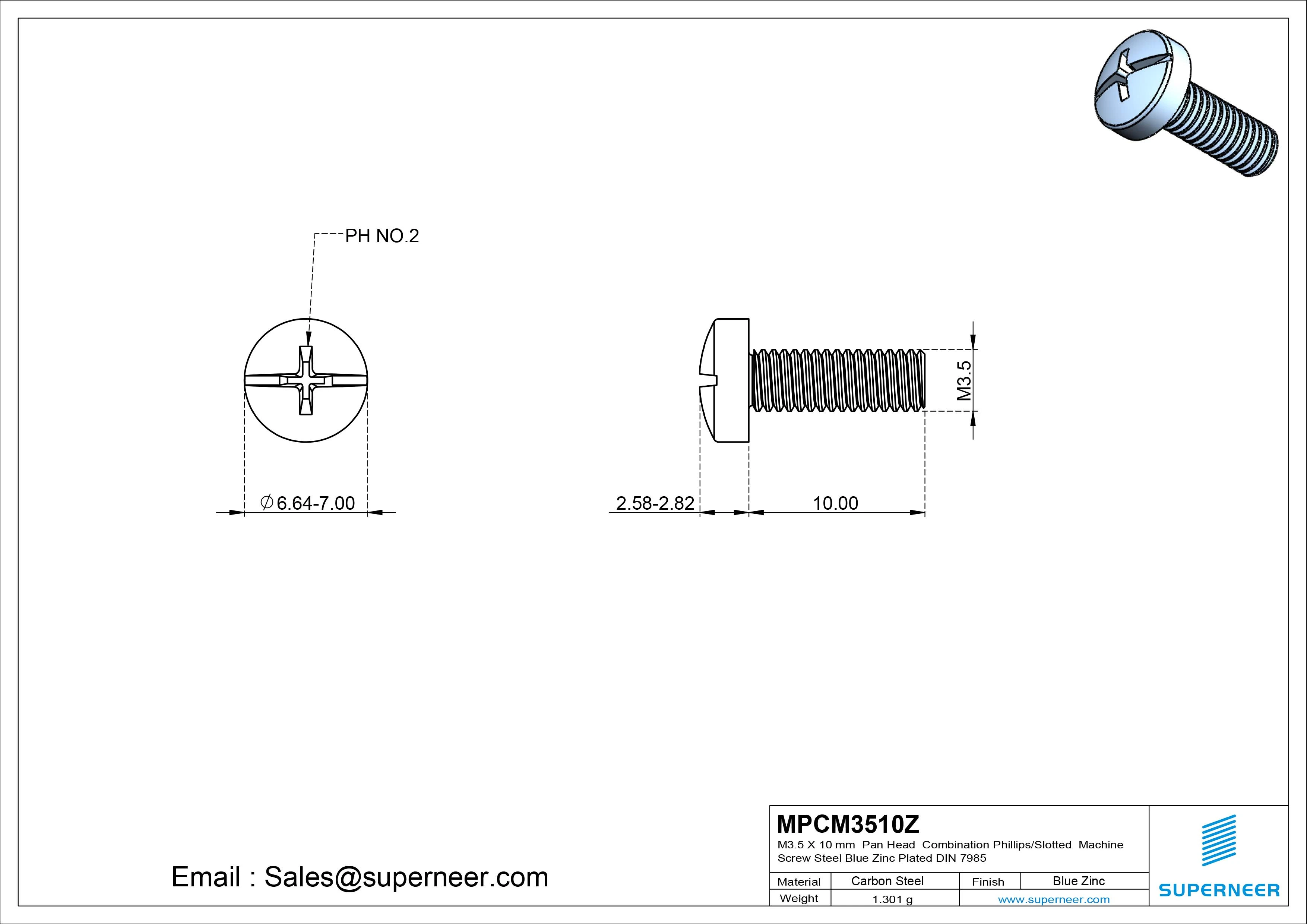 M3.5 x 10 mm Pan Head  Combination Phillips/Slotted Machine Screw Steel Blue Zinc Plated DIN 7985