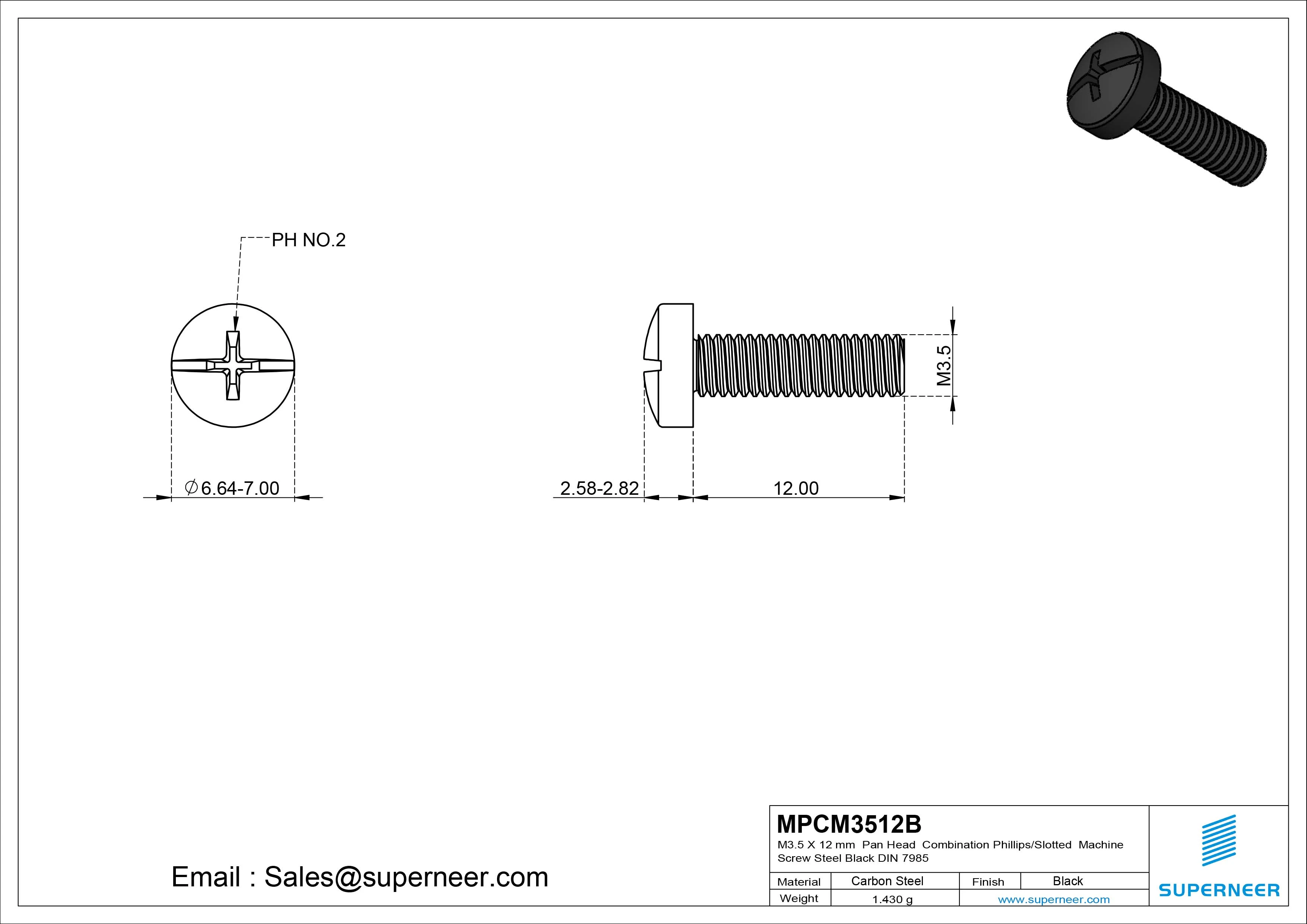 M3.5 x 12 mm Pan Head  Combination Phillips/Slotted Machine Screw Steel Black DIN 7985
