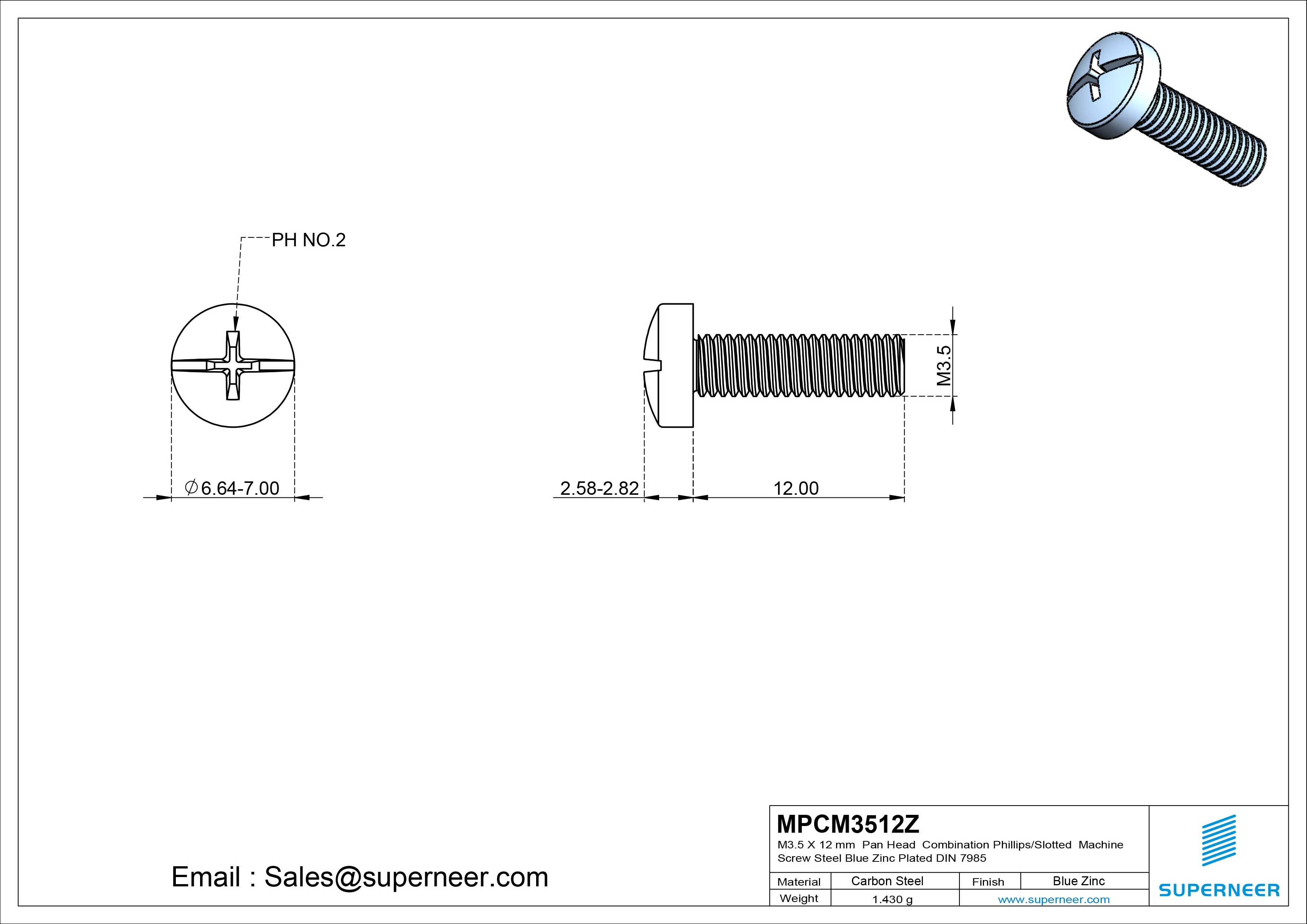 M3.5 x 12 mm Pan Head  Combination Phillips/Slotted Machine Screw Steel Blue Zinc Plated DIN 7985