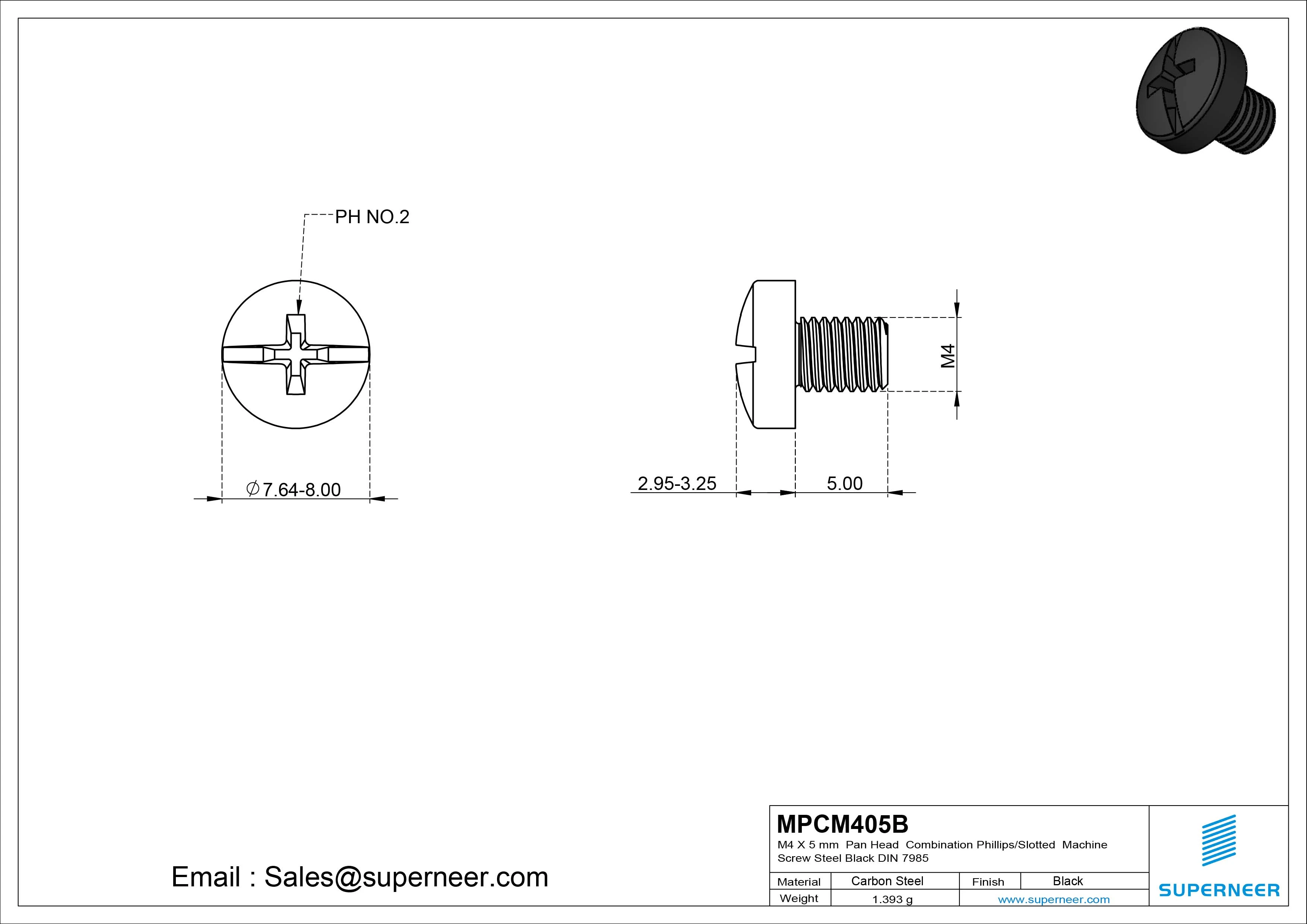 M4 x 5 mm Pan Head Combination Phillips/Slotted Machine Screw Steel Black DIN 7985