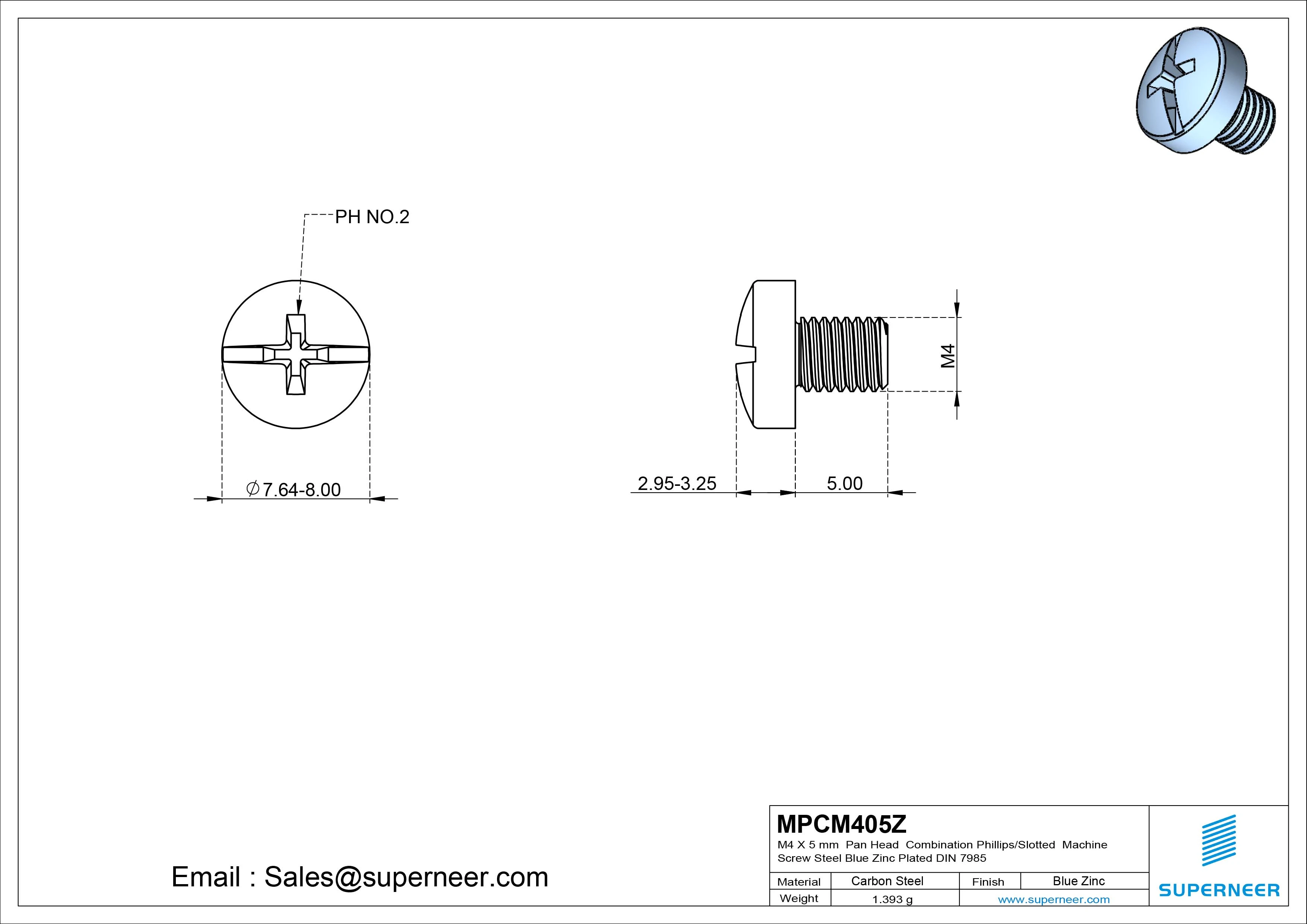 M4 x 5 mm Pan Head Combination Phillips/Slotted Machine Screw Steel Blue Zinc Plated DIN 7985