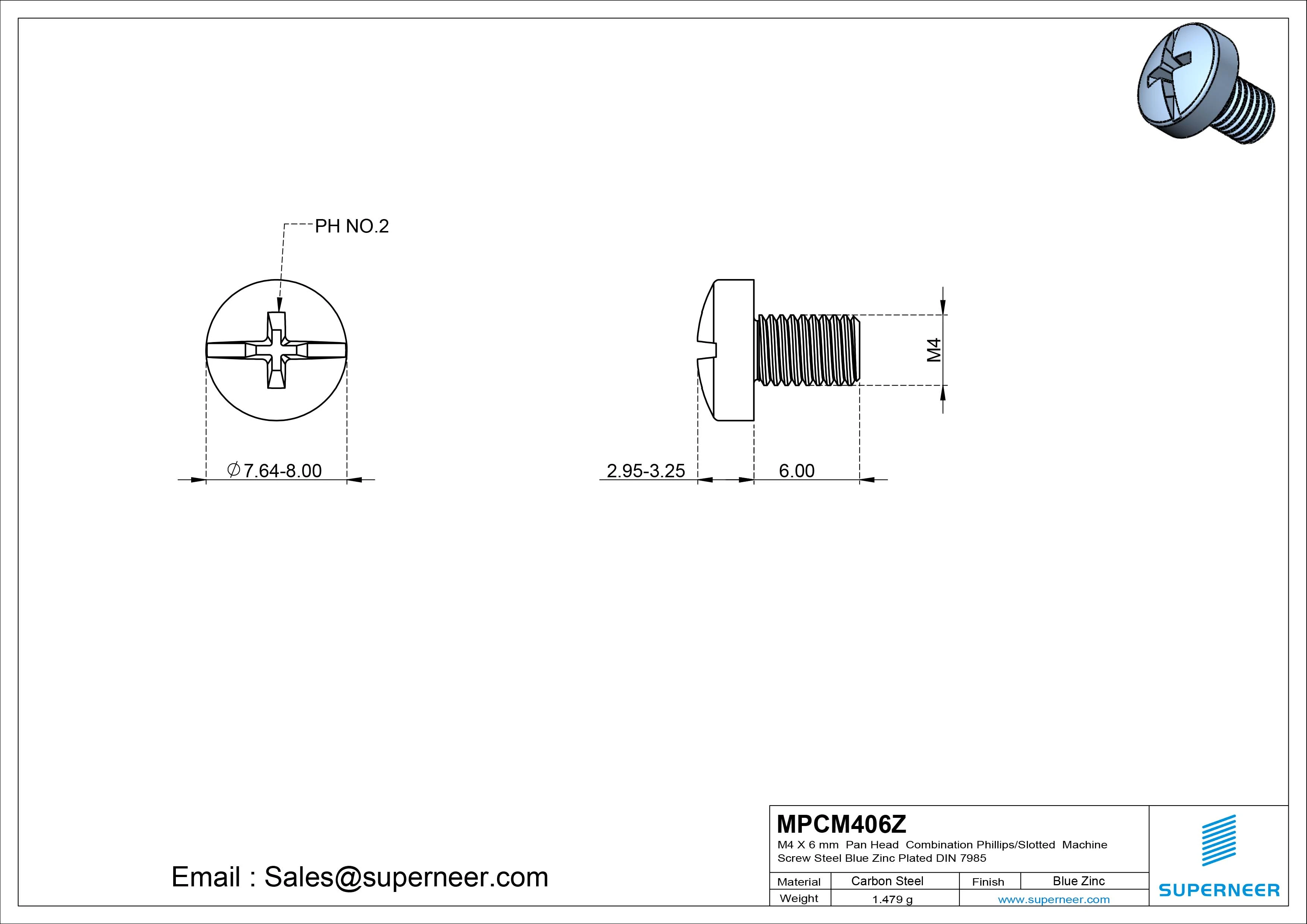 M4 x 6 mm Pan Head Combination Phillips/Slotted Machine Screw Steel Blue Zinc Plated DIN 7985
