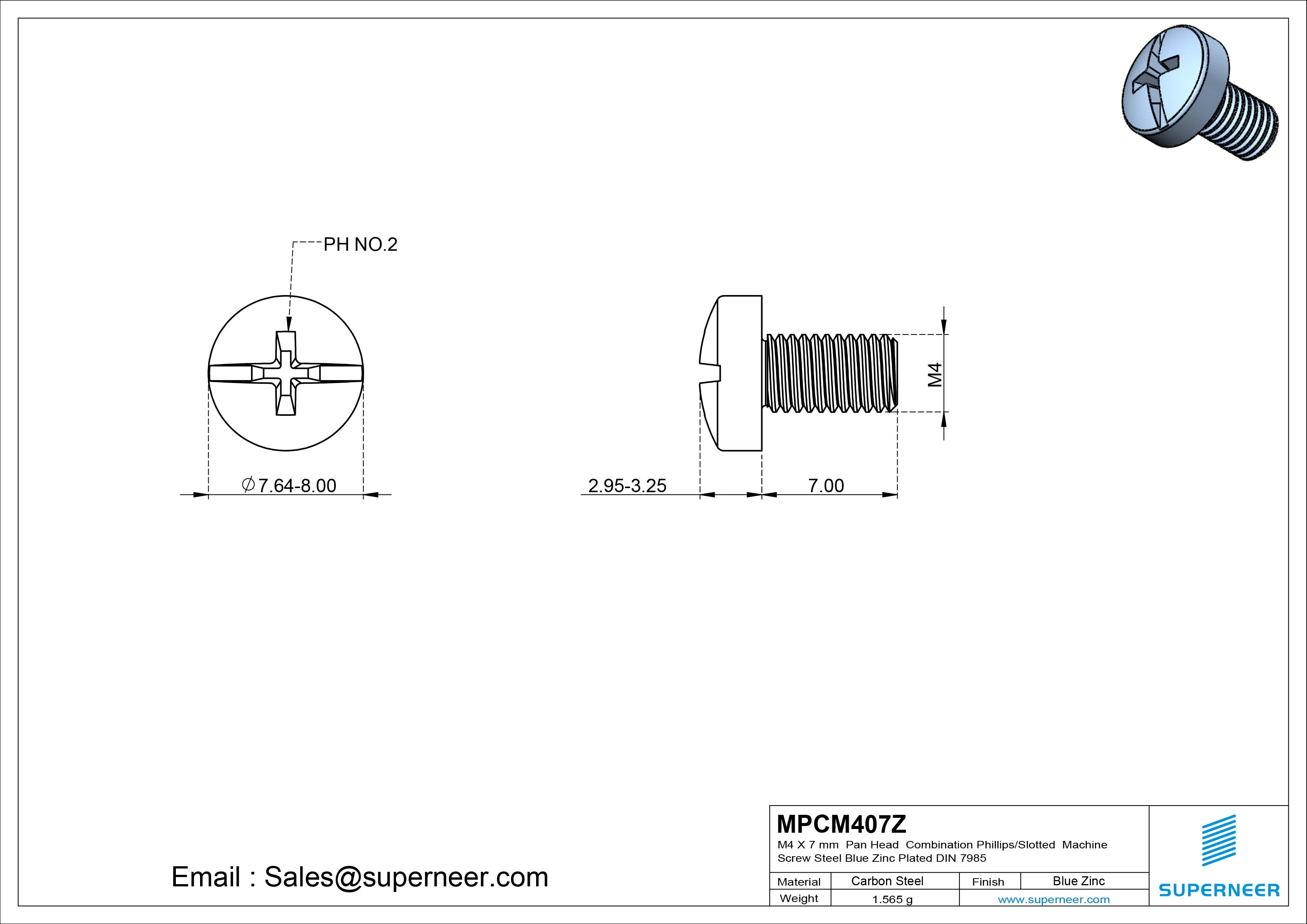 M4 x 7 mm Pan Head  Combination Phillips/Slotted Machine Screw Steel Blue Zinc Plated DIN 7985