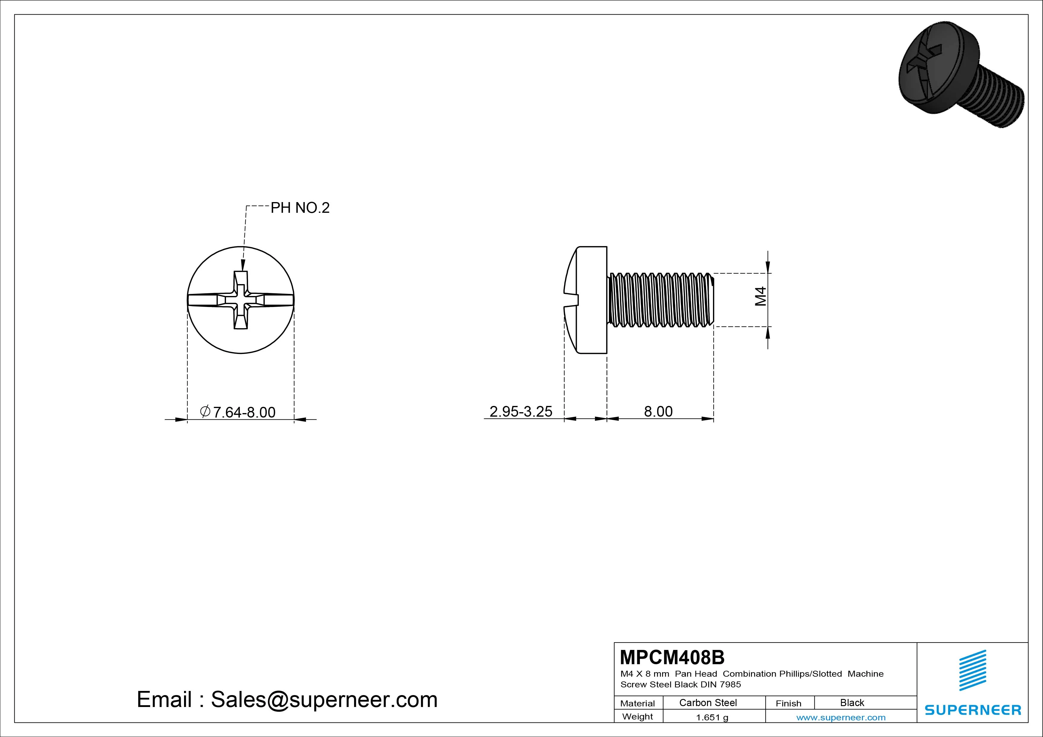 M4 x 8 mm Pan Head  Combination Phillips/Slotted Machine Screw Steel Black DIN 7985