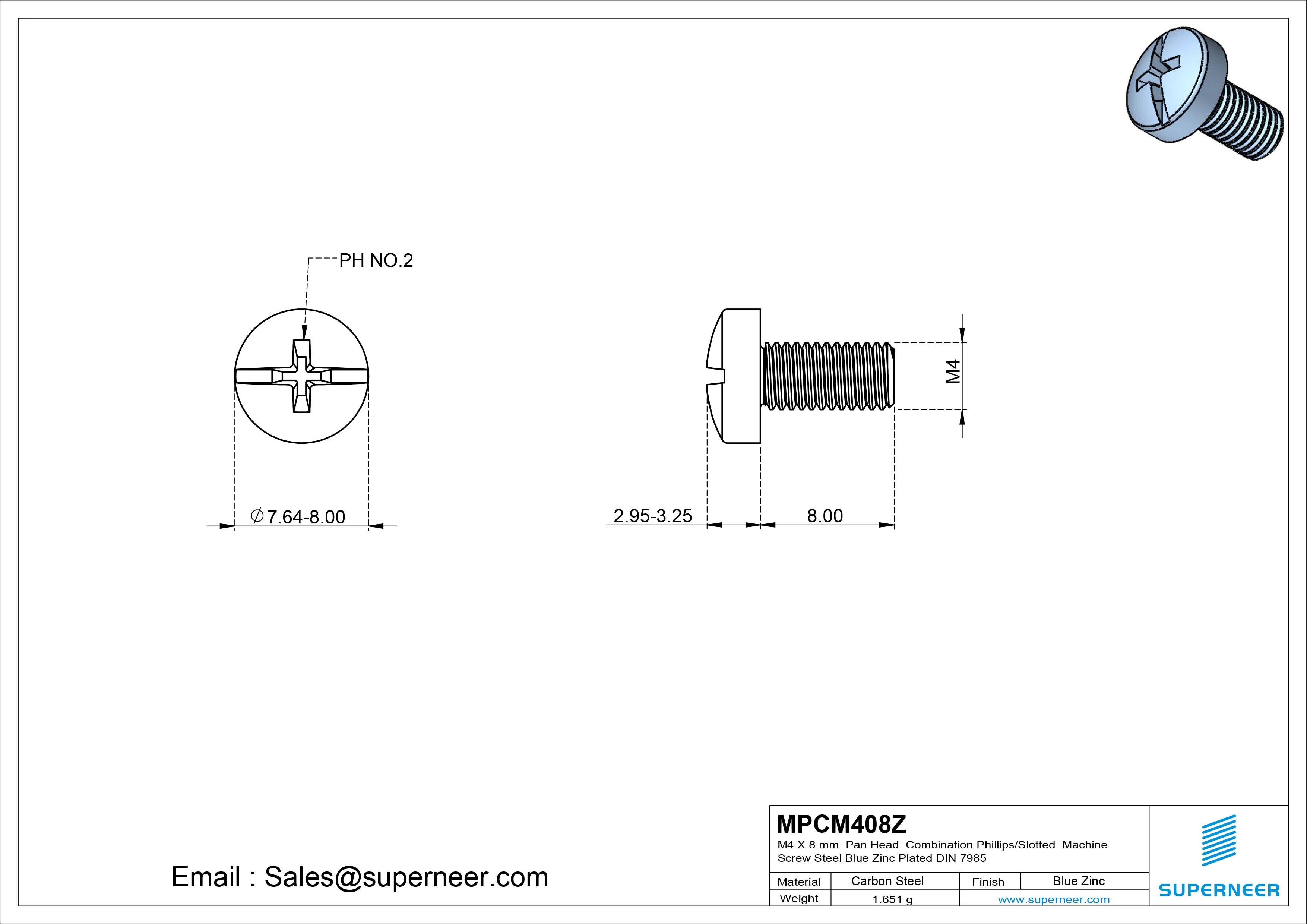 M4 x 8 mm Pan Head  Combination Phillips/Slotted Machine Screw Steel Blue Zinc Plated DIN 7985