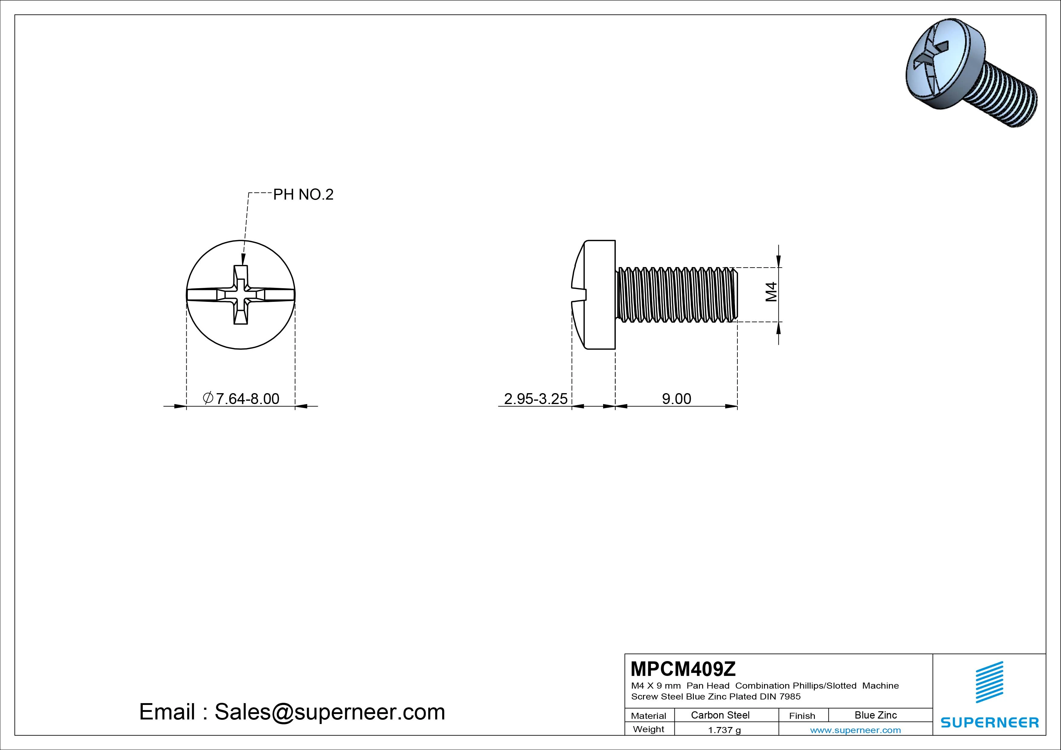 M4 x 9 mm Pan Head  Combination Phillips/Slotted Machine Screw Steel Blue Zinc Plated DIN 7985