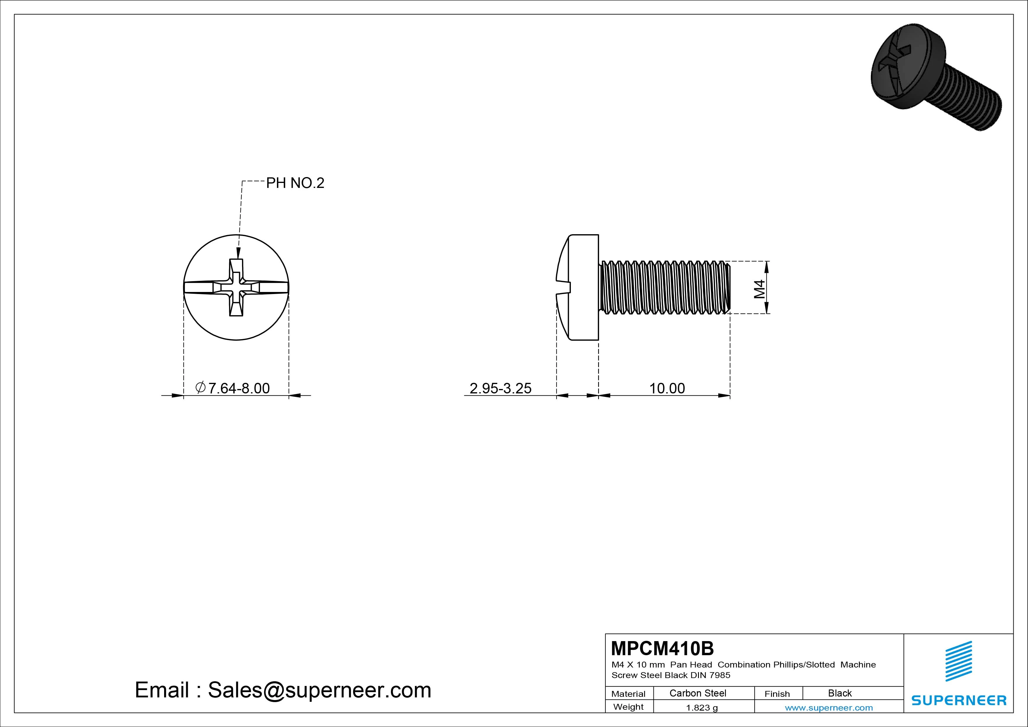 M4 x 10 mm Pan Head Combination Phillips/Slotted Machine Screw Steel Black DIN 7985