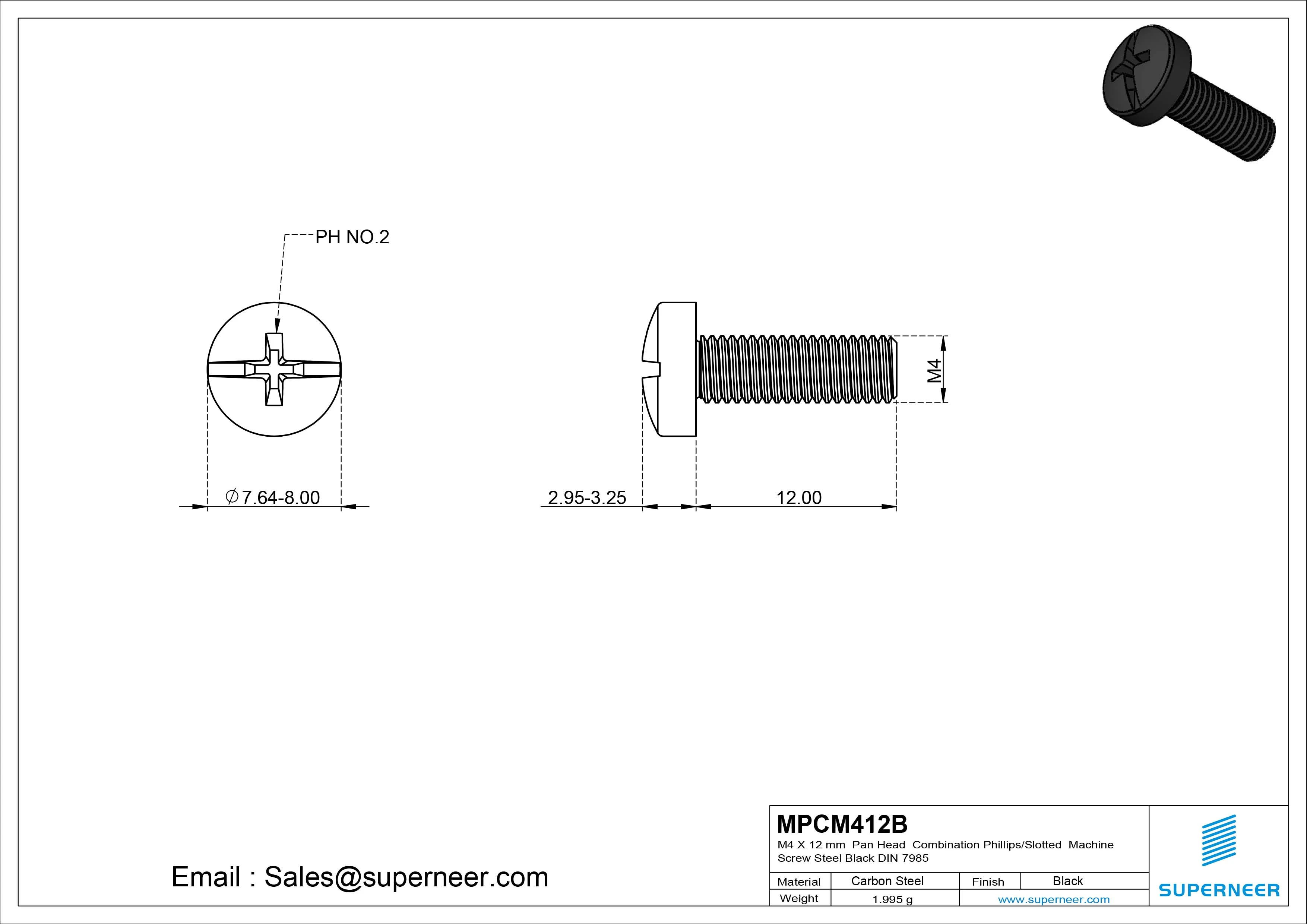 M4 x 12 mm Pan Head  Combination Phillips/Slotted Machine Screw Steel Black DIN 7985