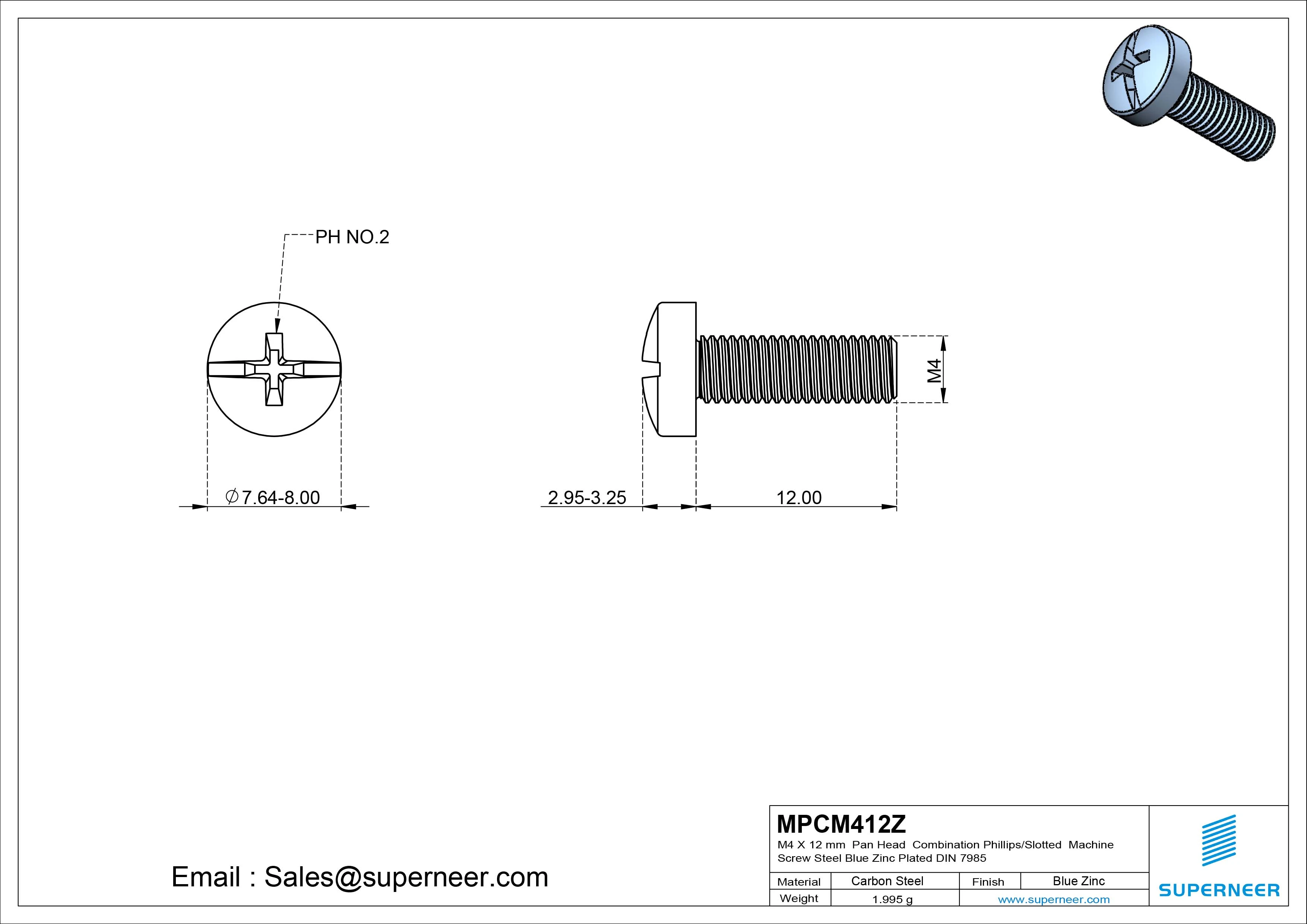 M4 x 12 mm Pan Head  Combination Phillips/Slotted Machine Screw Steel Blue Zinc Plated DIN 7985