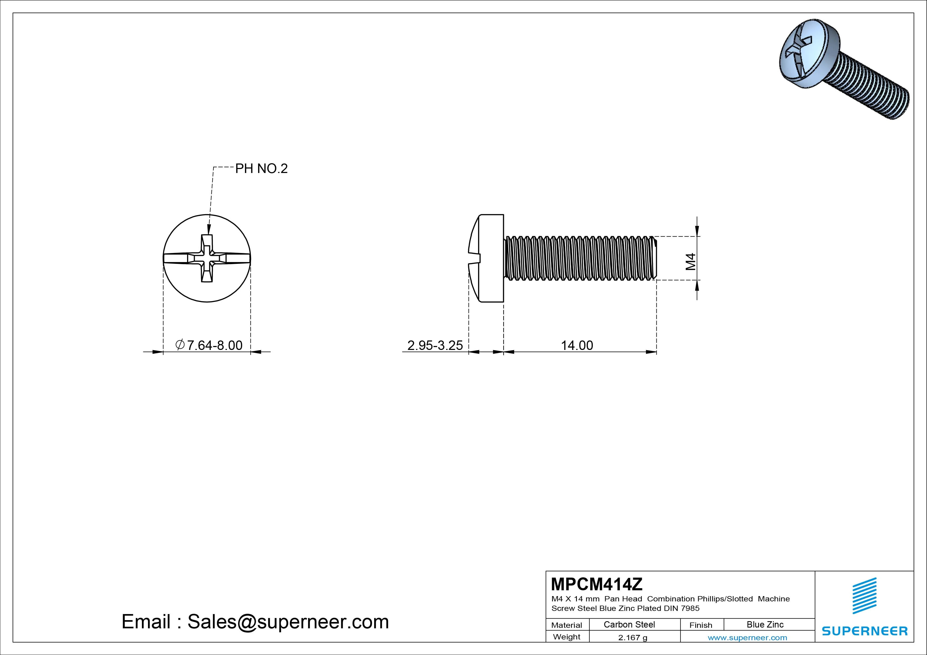 M4 x 14 mm Pan Head  Combination Phillips/Slotted Machine Screw Steel Blue Zinc Plated DIN 7985