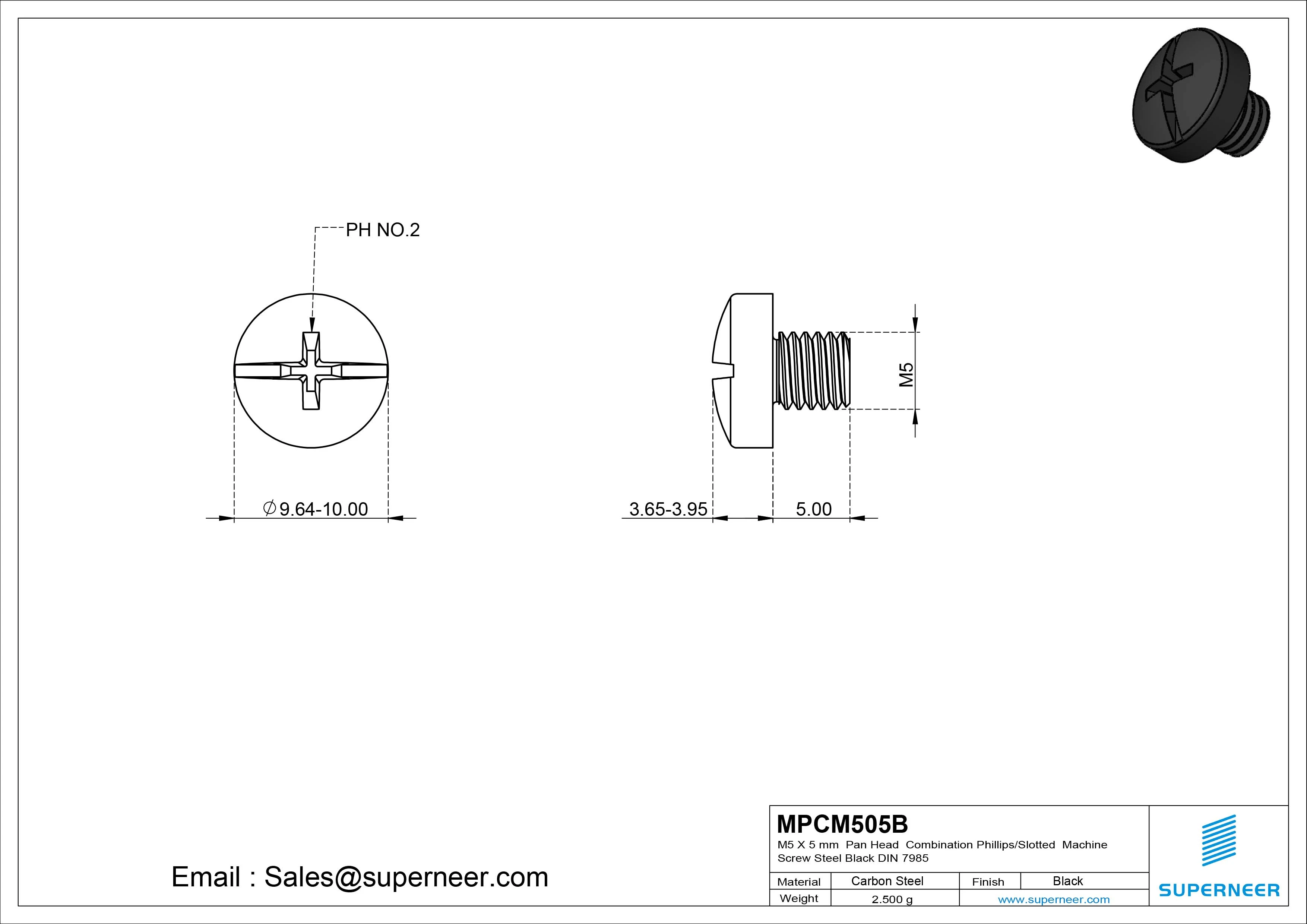 M5 x 5 mm Pan Head  Combination Phillips/Slotted Machine Screw Steel Black DIN 7985