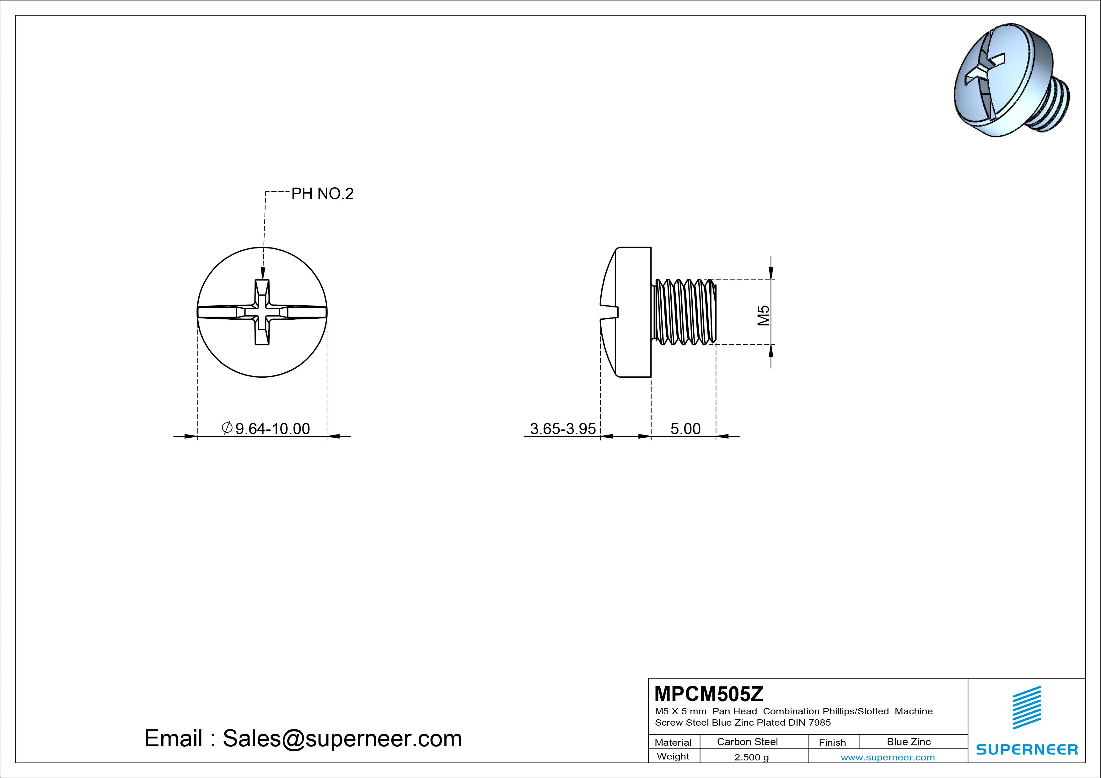 M5 x 5 mm Pan Head  Combination Phillips/Slotted Machine Screw Steel Blue Zinc Plated DIN 7985