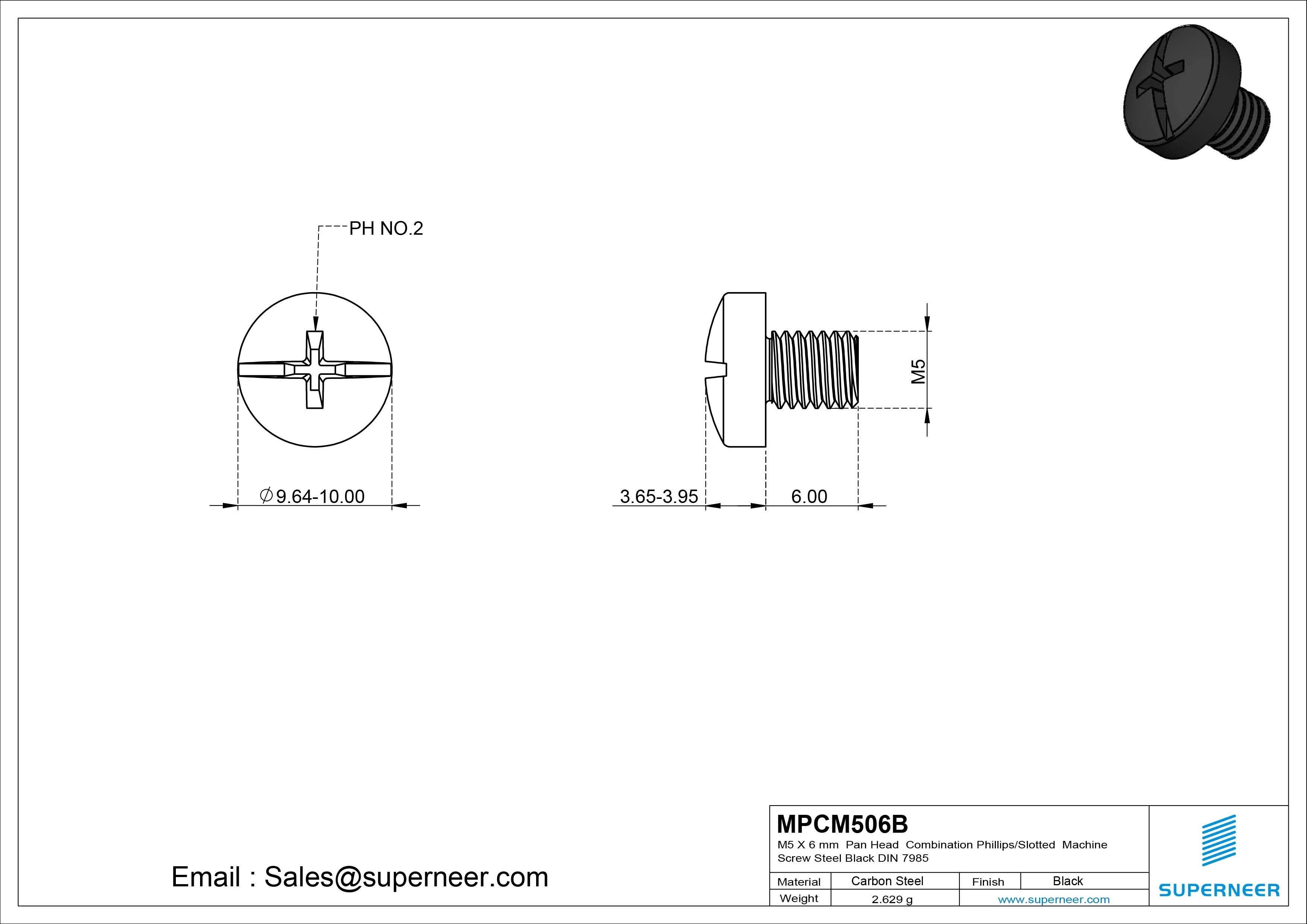 M5 x 6 mm Pan Head  Combination Phillips/Slotted Machine Screw Steel Black DIN 7985