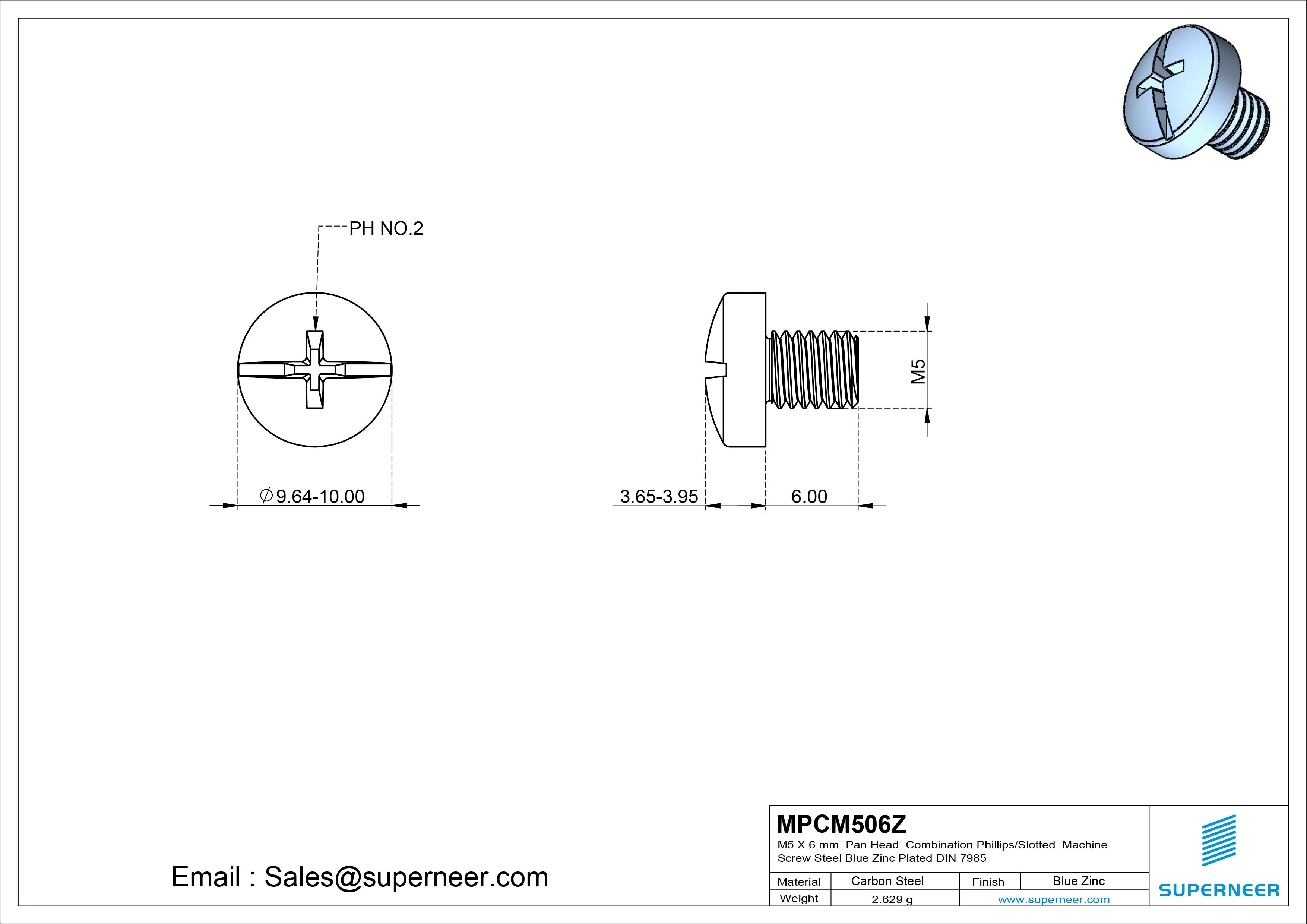 M5 x 6 mm Pan Head  Combination Phillips/Slotted Machine Screw Steel Blue Zinc Plated DIN 7985
