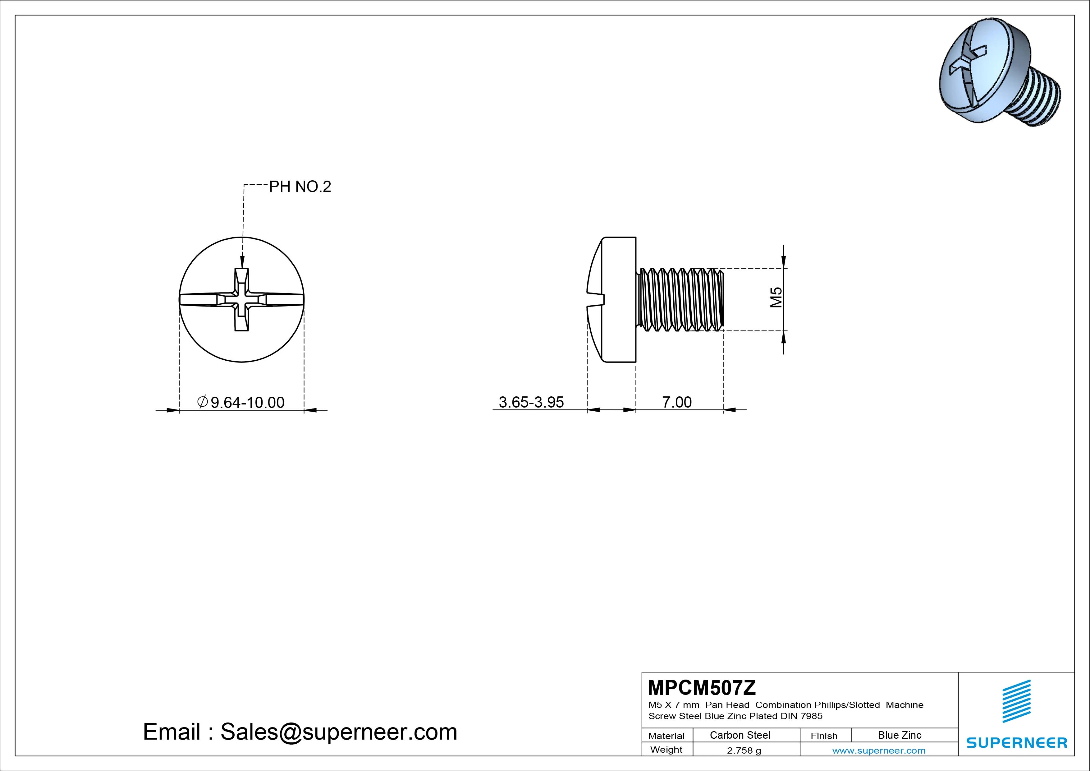 M5 x 7 mm Pan Head  Combination Phillips/Slotted Machine Screw Steel Blue Zinc Plated DIN 7985