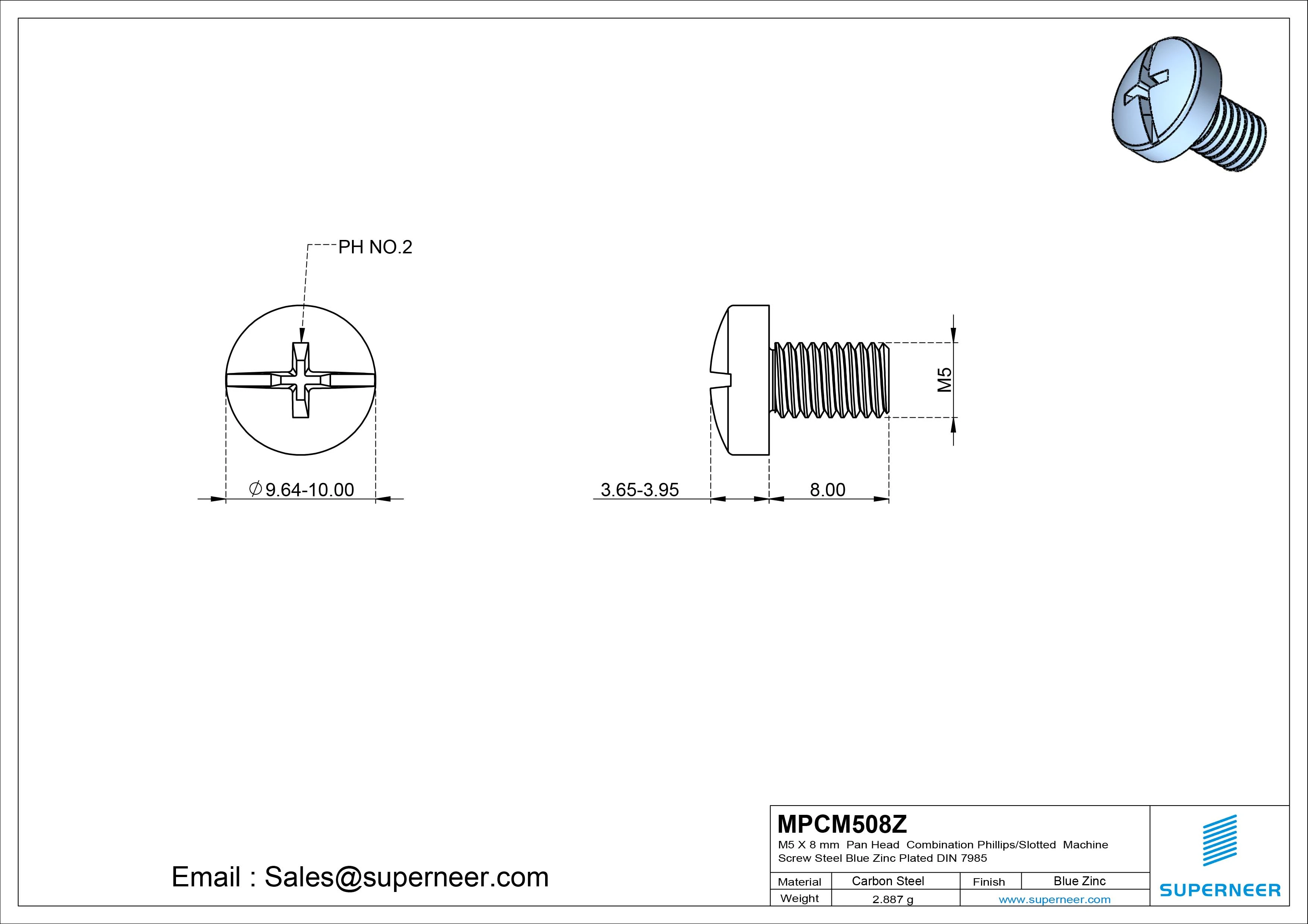 M5 x 8 mm Pan Head  Combination Phillips/Slotted Machine Screw Steel Blue Zinc Plated DIN 7985
