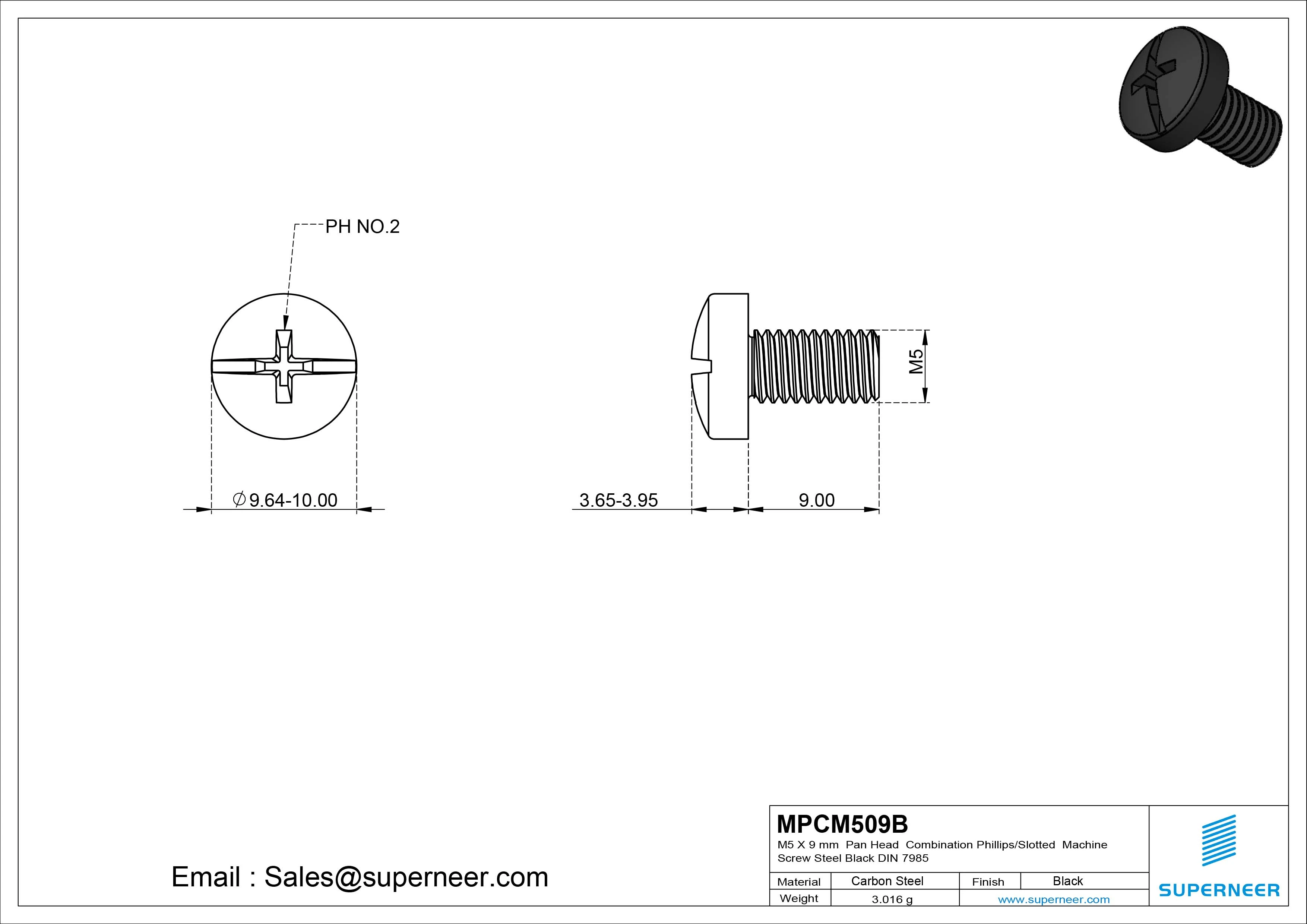 M5 x 9 mm Pan Head  Combination Phillips/Slotted Machine Screw Steel Black DIN 7985