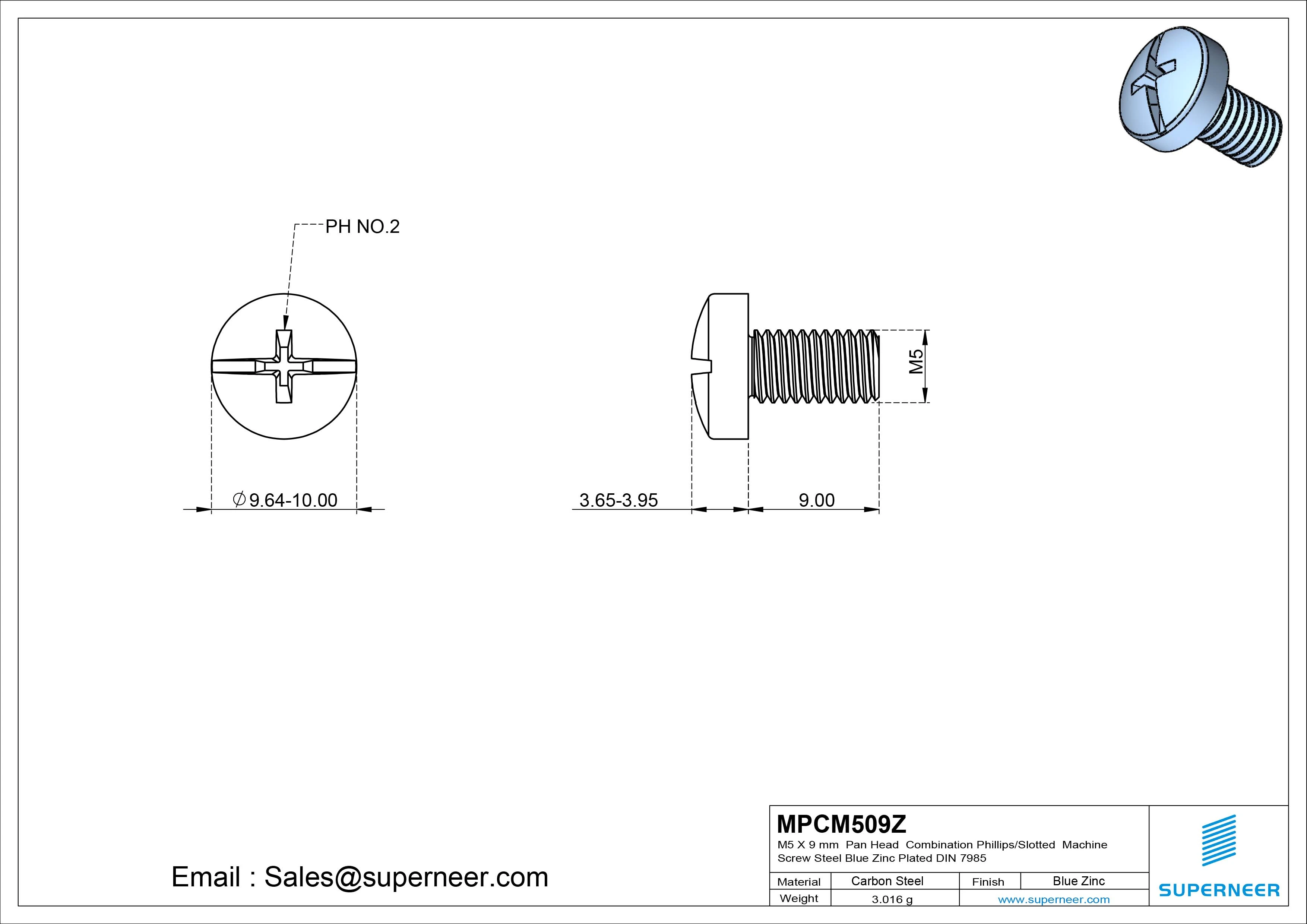 M5 x 9 mm Pan Head  Combination Phillips/Slotted Machine Screw Steel Blue Zinc Plated DIN 7985