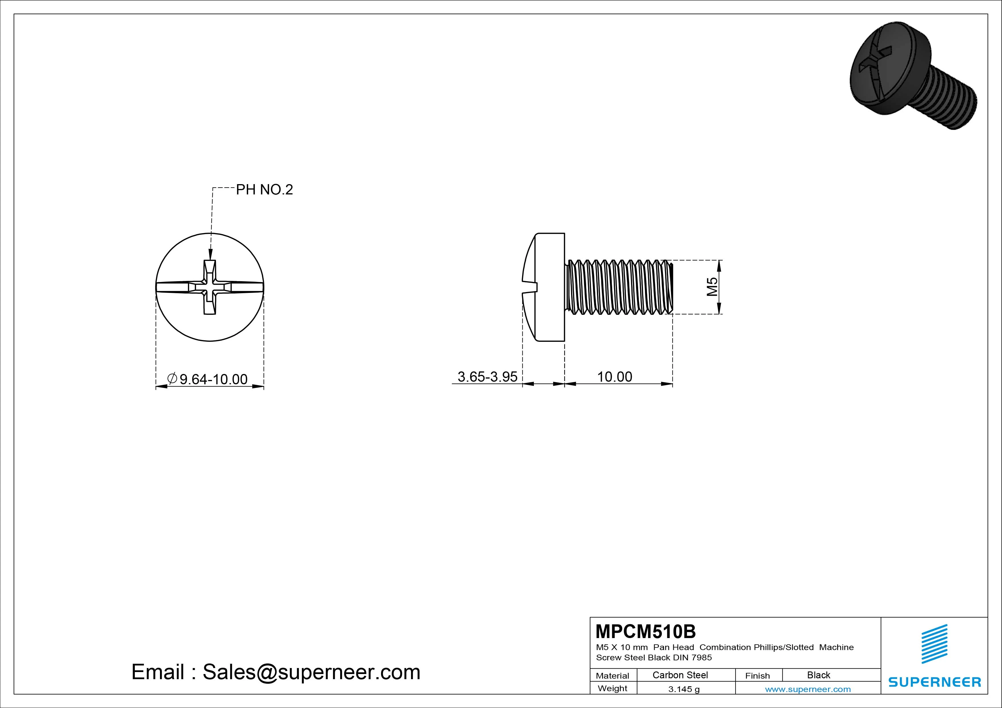 M5 x 10 mm Pan Head  Combination Phillips/Slotted Machine Screw Steel Black DIN 7985