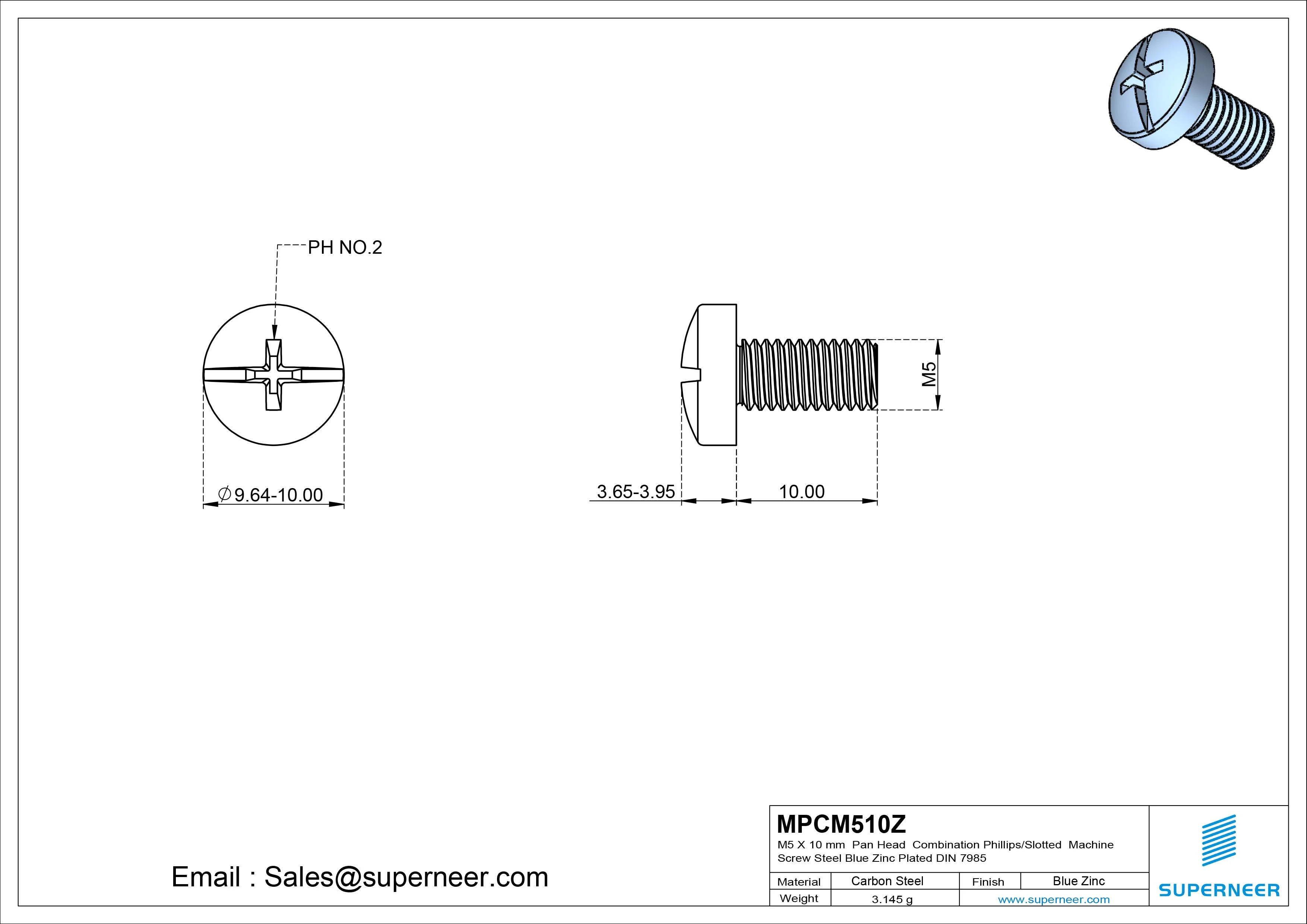 M5 x 10 mm Pan Head  Combination Phillips/Slotted Machine Screw Steel Blue Zinc Plated DIN 7985