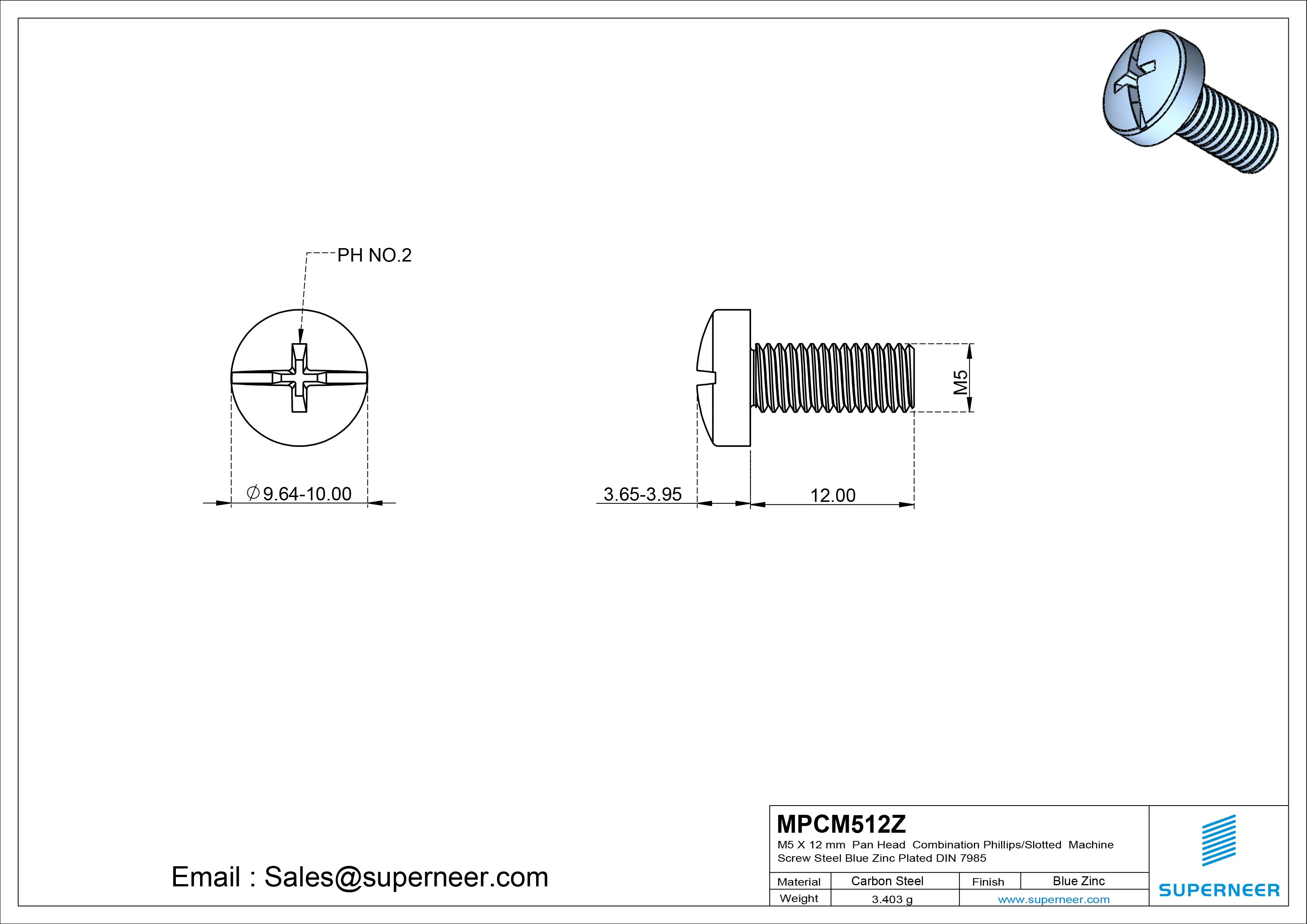 M5 x 12 mm Pan Head  Combination Phillips/Slotted Machine Screw Steel Blue Zinc Plated DIN 7985