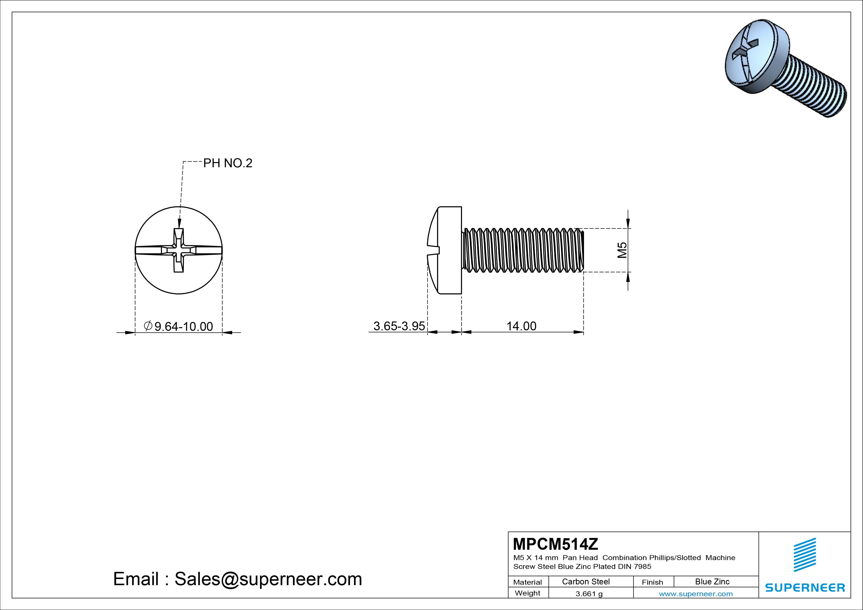 M5 x 14 mm Pan Head  Combination Phillips/Slotted Machine Screw Steel Blue Zinc Plated DIN 7985