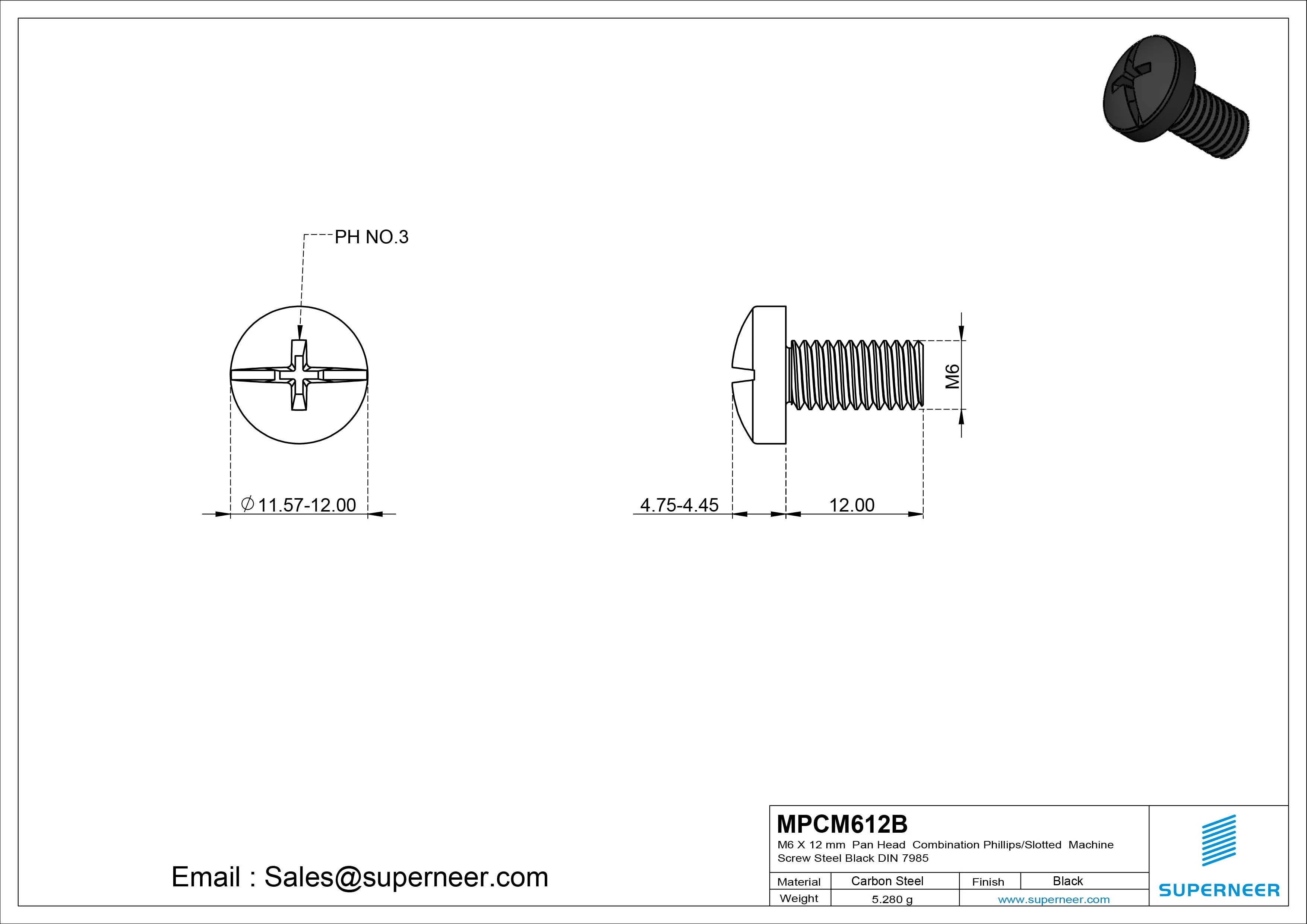 M6 x 12 mm Pan Head  Combination Phillips/Slotted Machine Screw Steel Black DIN 7985