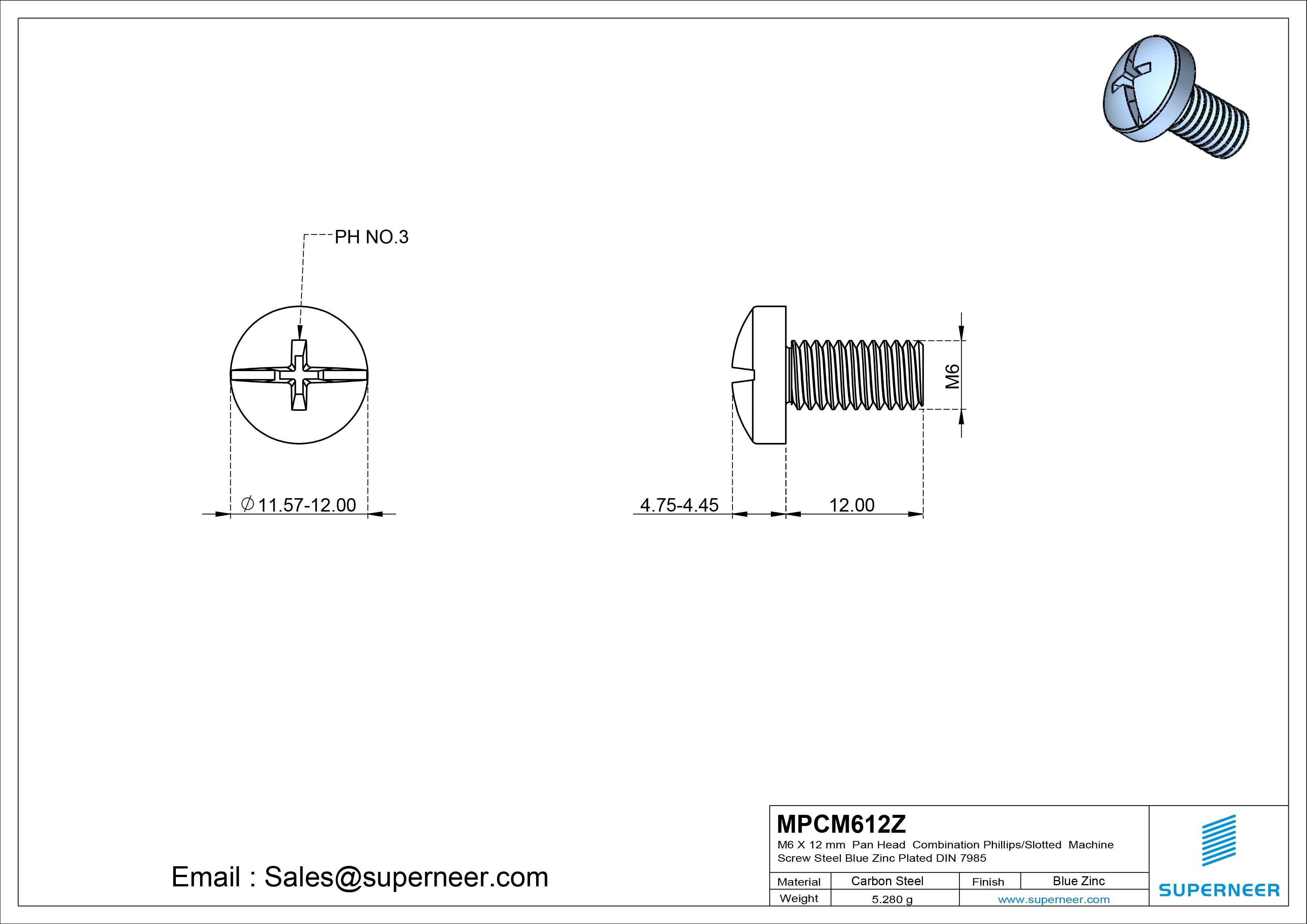 M6 x 12 mm Pan Head  Combination Phillips/Slotted Machine Screw Steel Blue Zinc Plated DIN 7985