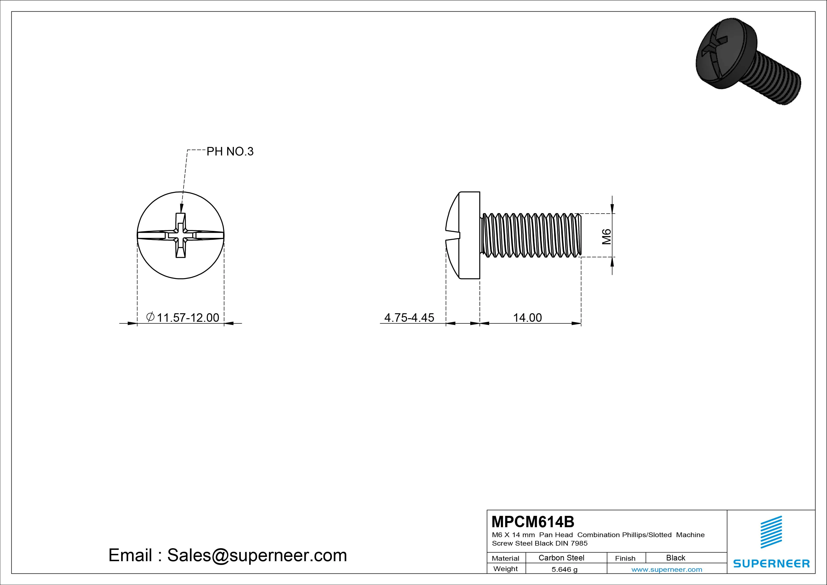 M6 x 14 mm Pan Head  Combination Phillips/Slotted Machine Screw Steel Black DIN 7985