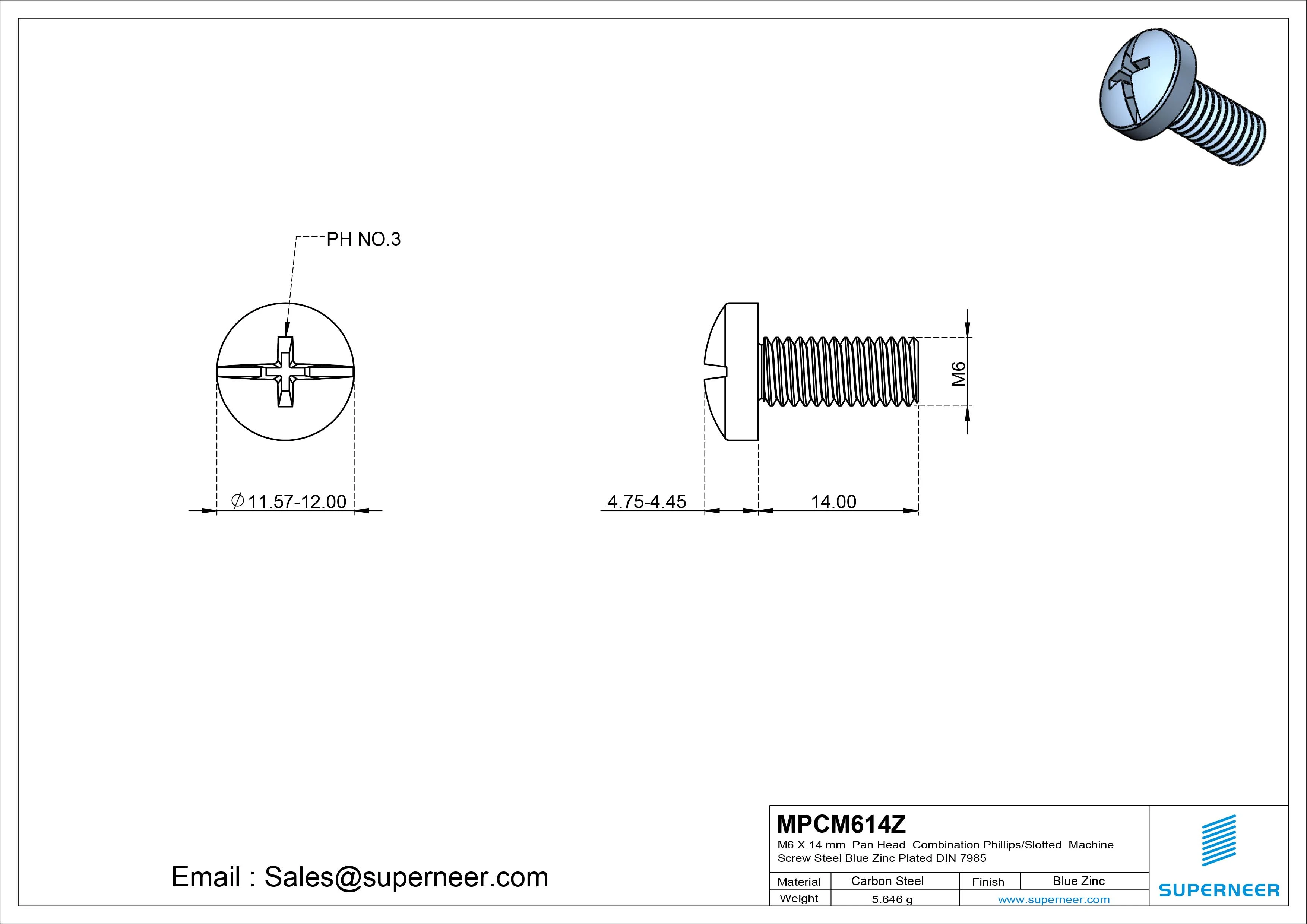 M6 x 14 mm Pan Head  Combination Phillips/Slotted Machine Screw Steel Blue Zinc Plated DIN 7985
