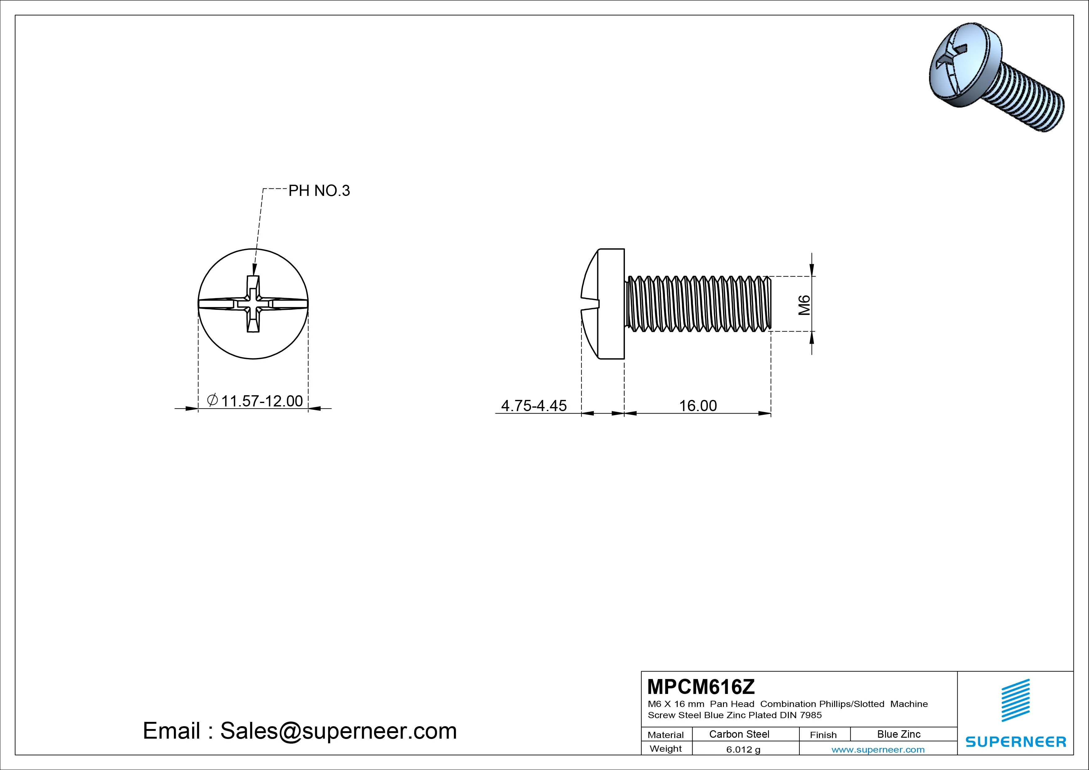 M6 x 16 mm Pan Head  Combination Phillips/Slotted Machine Screw Steel Blue Zinc Plated DIN 7985