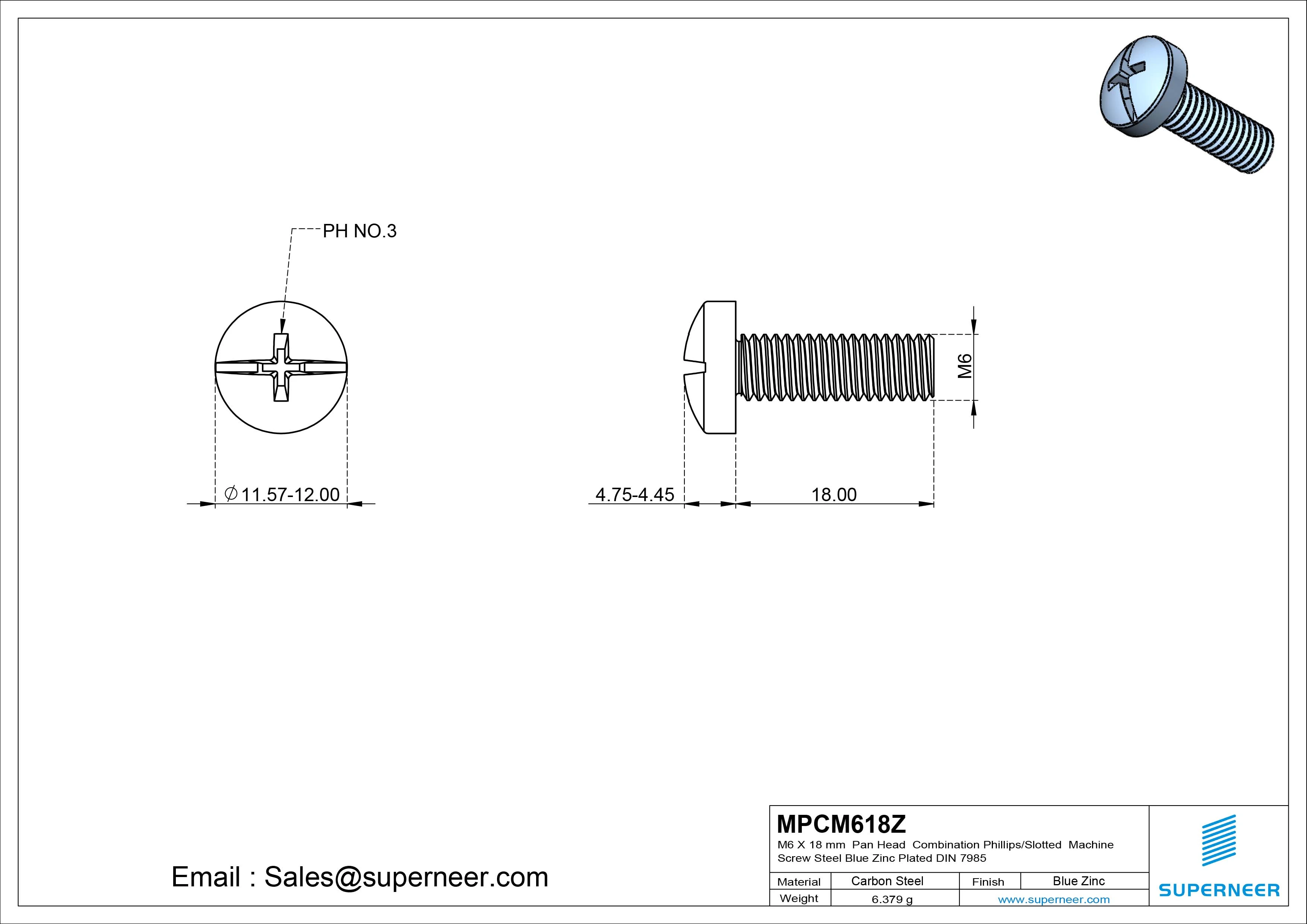 M6 x 18 mm Pan Head  Combination Phillips/Slotted Machine Screw Steel Blue Zinc Plated DIN 7985